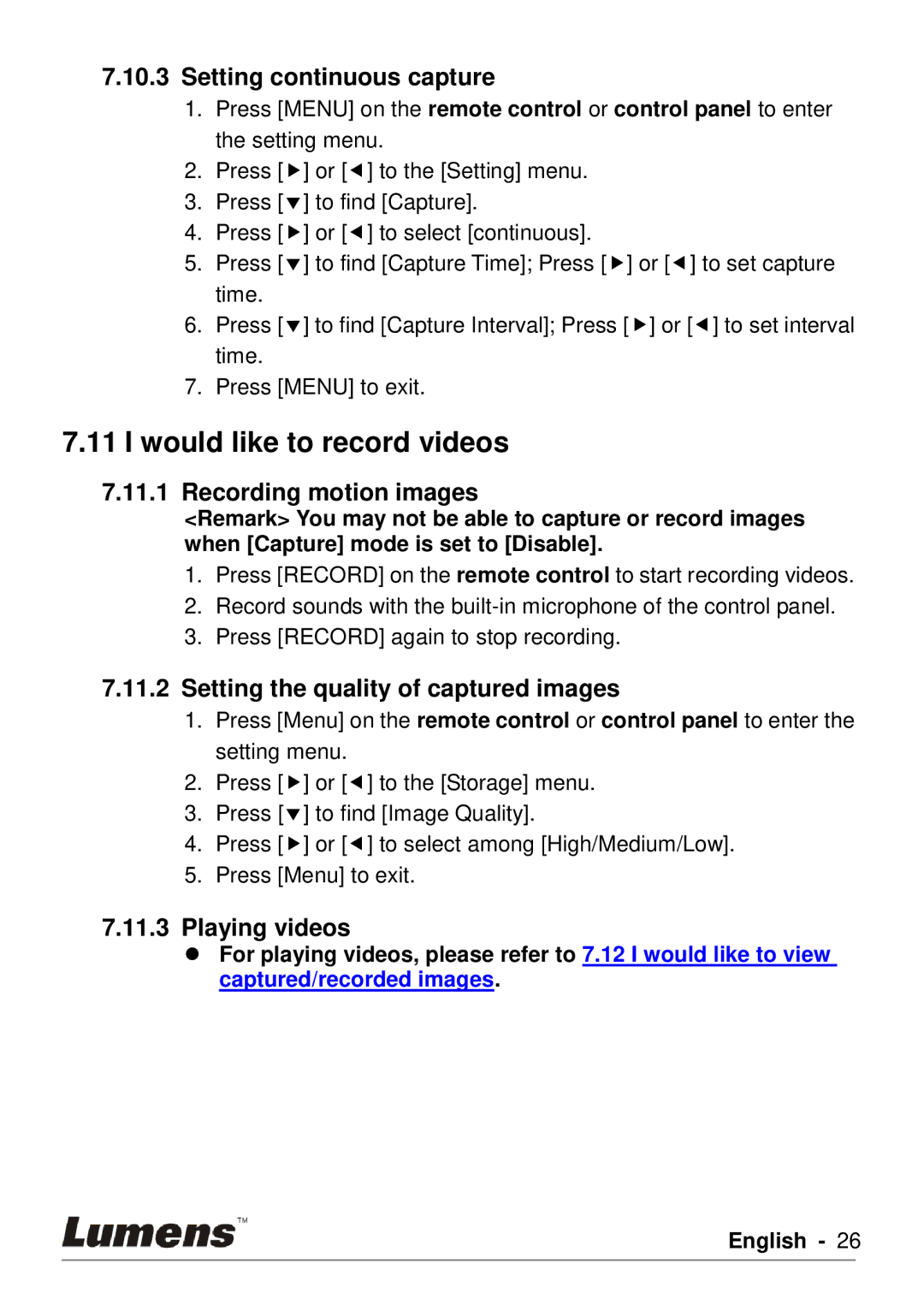 Lumens Technology DC190 Would like to record videos, Setting continuous capture, Recording motion images, Playing videos 