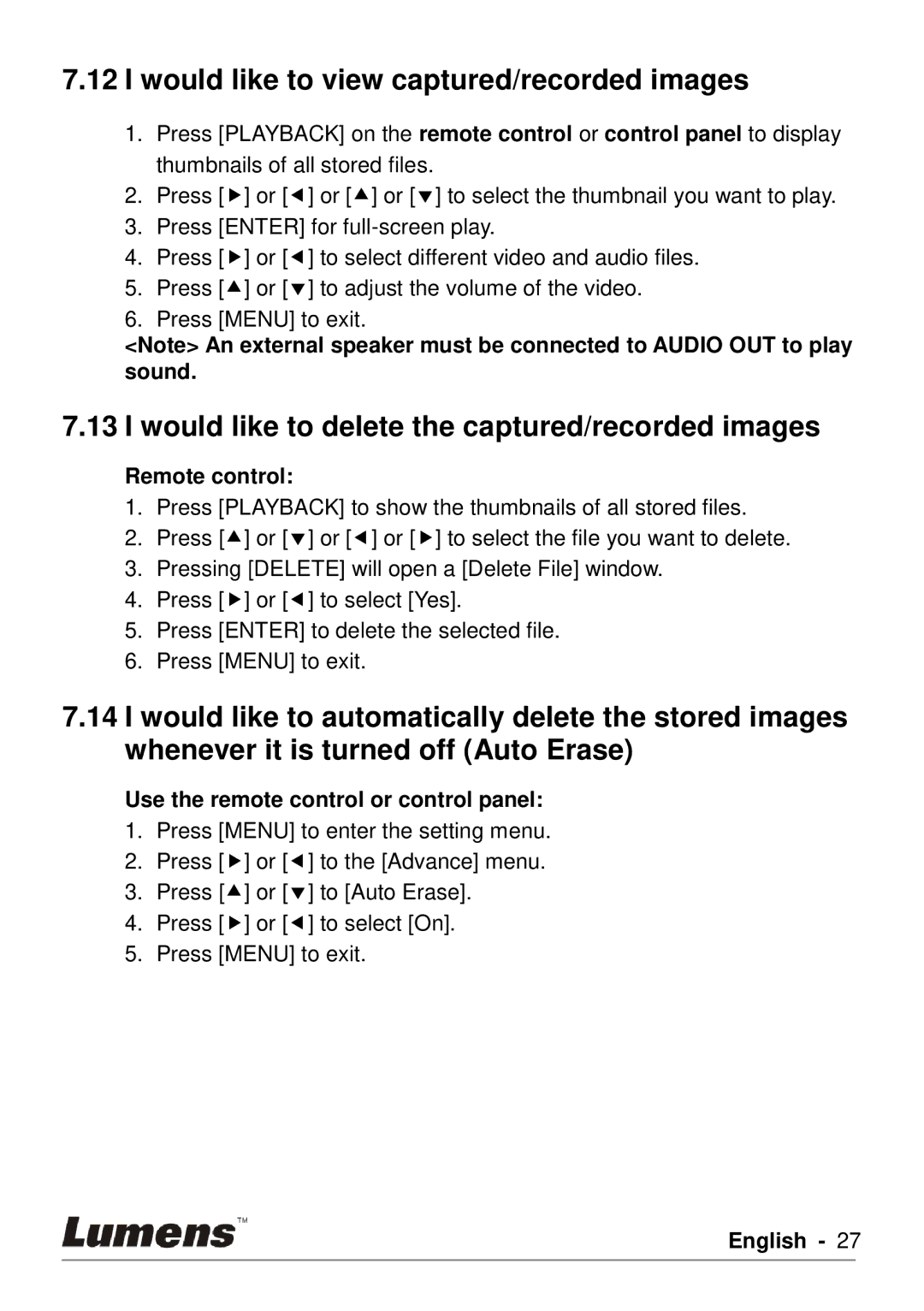 Lumens Technology DC190 Would like to view captured/recorded images, Would like to delete the captured/recorded images 