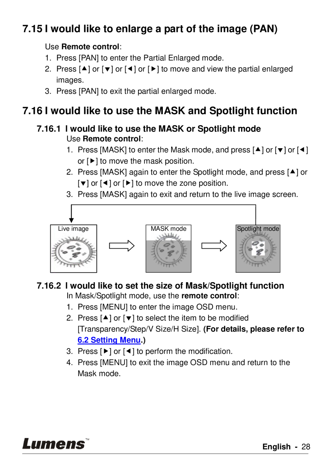 Lumens Technology DC190 Would like to enlarge a part of the image PAN, Would like to use the Mask and Spotlight function 