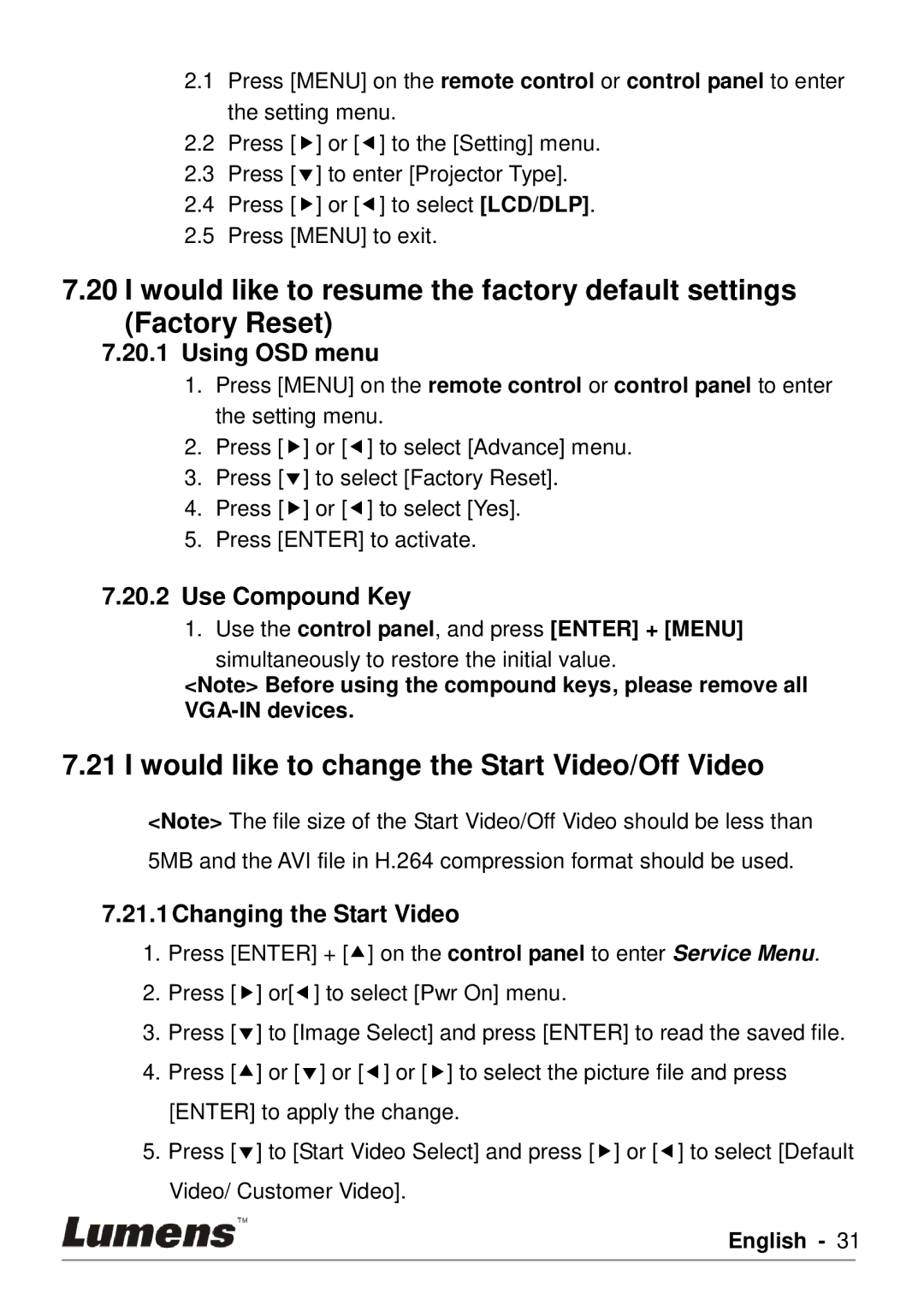 Lumens Technology DC190 user manual Would like to change the Start Video/Off Video, Using OSD menu, Use Compound Key 