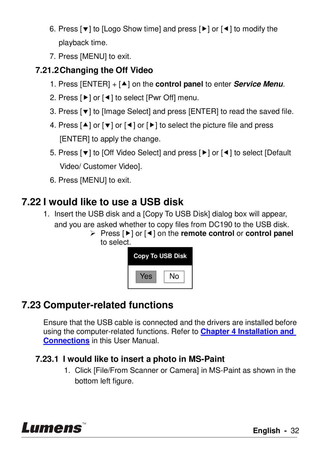 Lumens Technology DC190 user manual Would like to use a USB disk, Computer-related functions, Changing the Off Video 