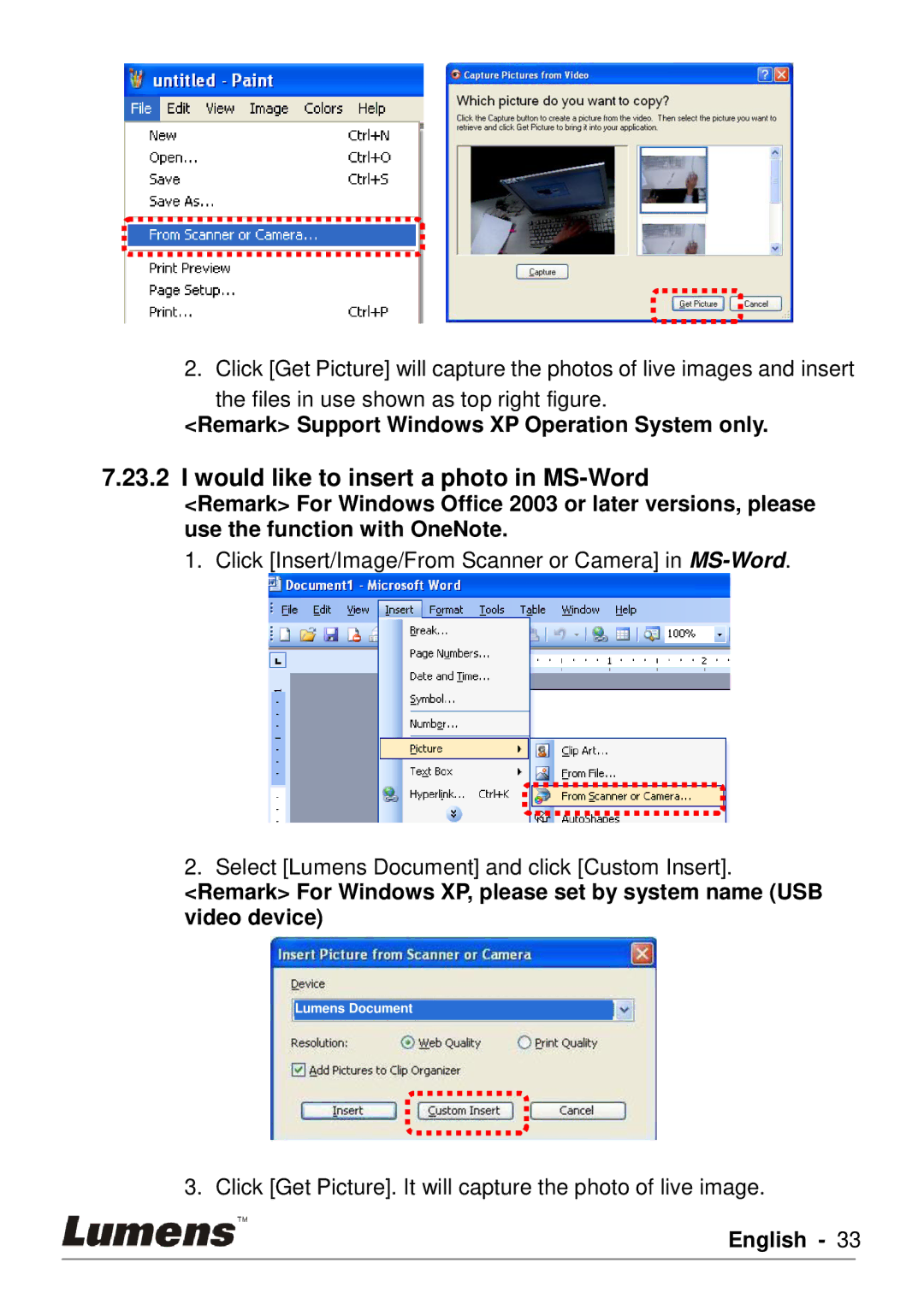 Lumens Technology DC190 user manual Would like to insert a photo in MS-Word 