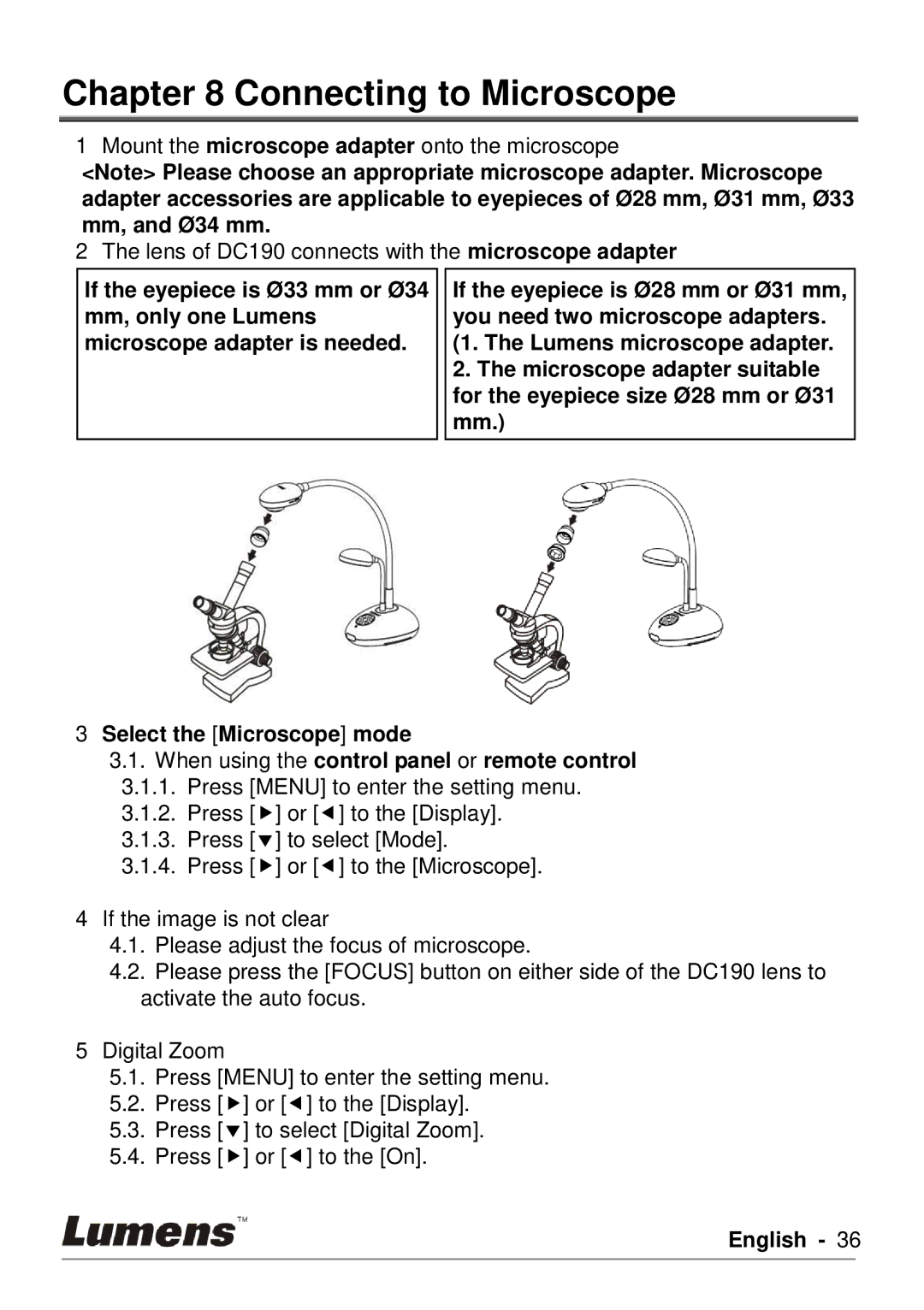 Lumens Technology DC190 user manual Connecting to Microscope 