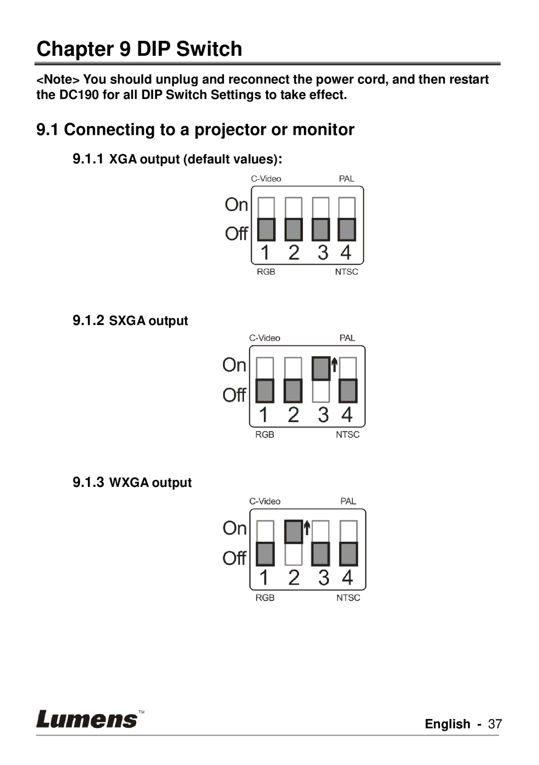 Lumens Technology DC190 user manual DIP Switch, Connecting to a projector or monitor 