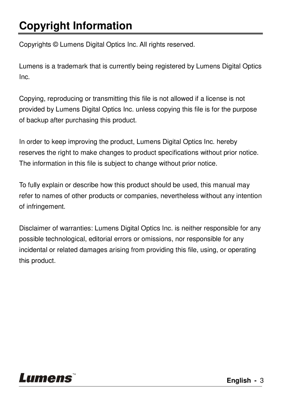 Lumens Technology DC190 user manual Copyright Information 