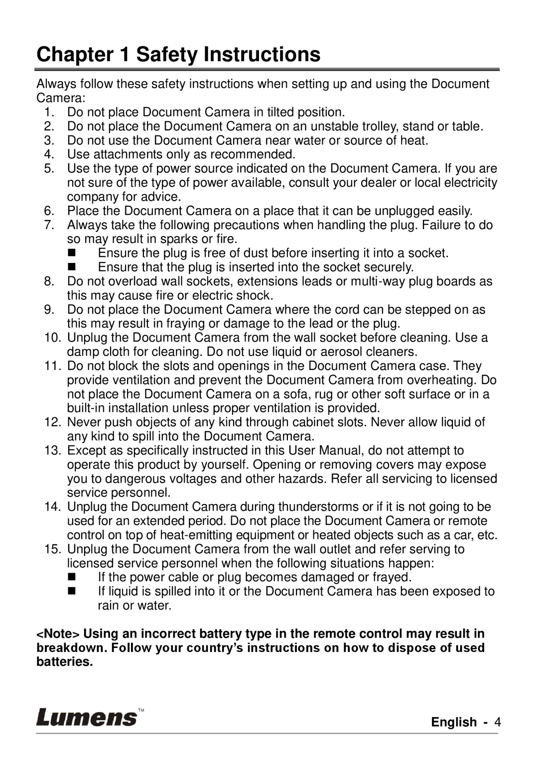 Lumens Technology DC190 user manual Safety Instructions 