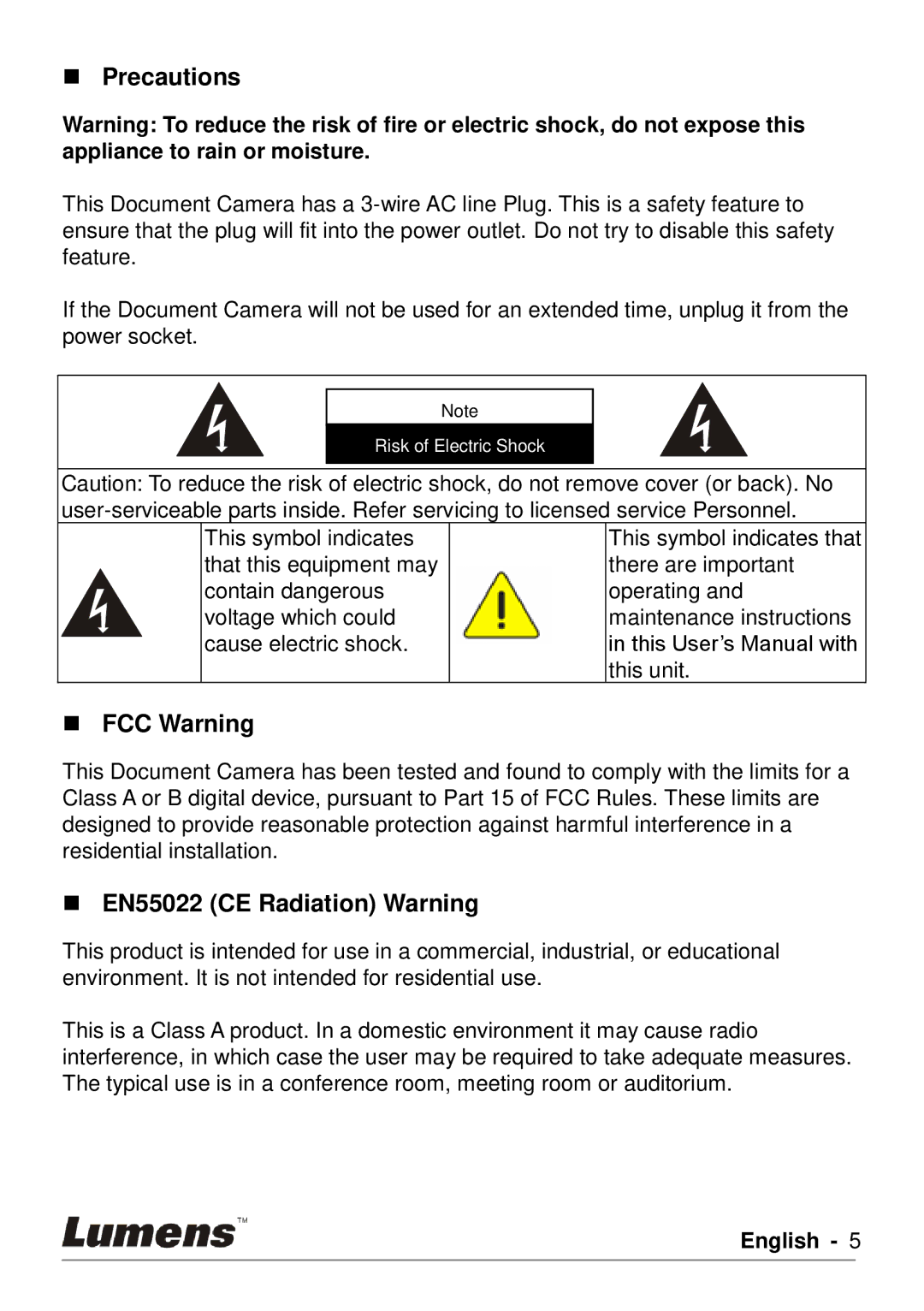 Lumens Technology DC190 user manual  Precautions,  FCC Warning,  EN55022 CE Radiation Warning 