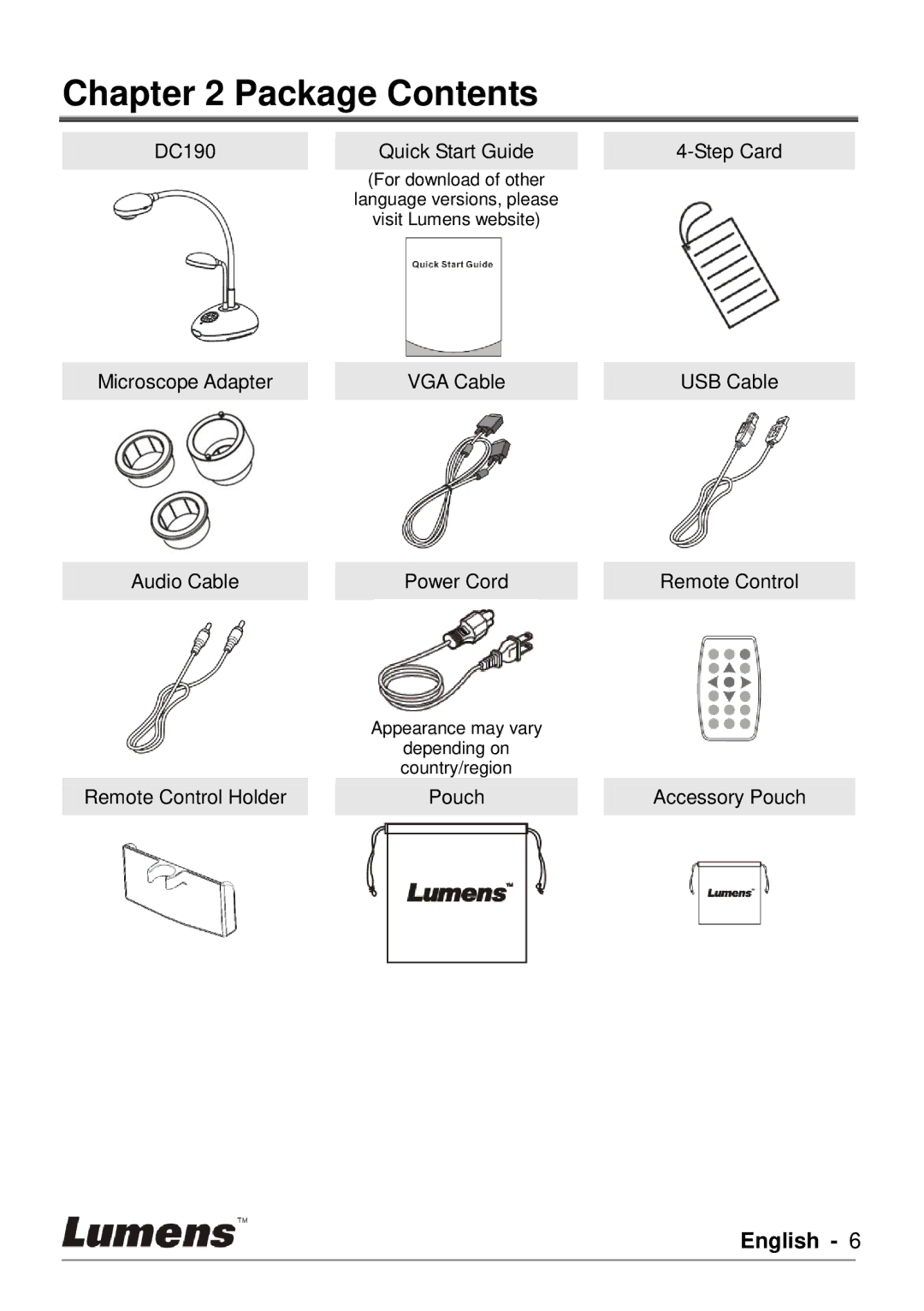 Lumens Technology DC190 user manual Package Contents 