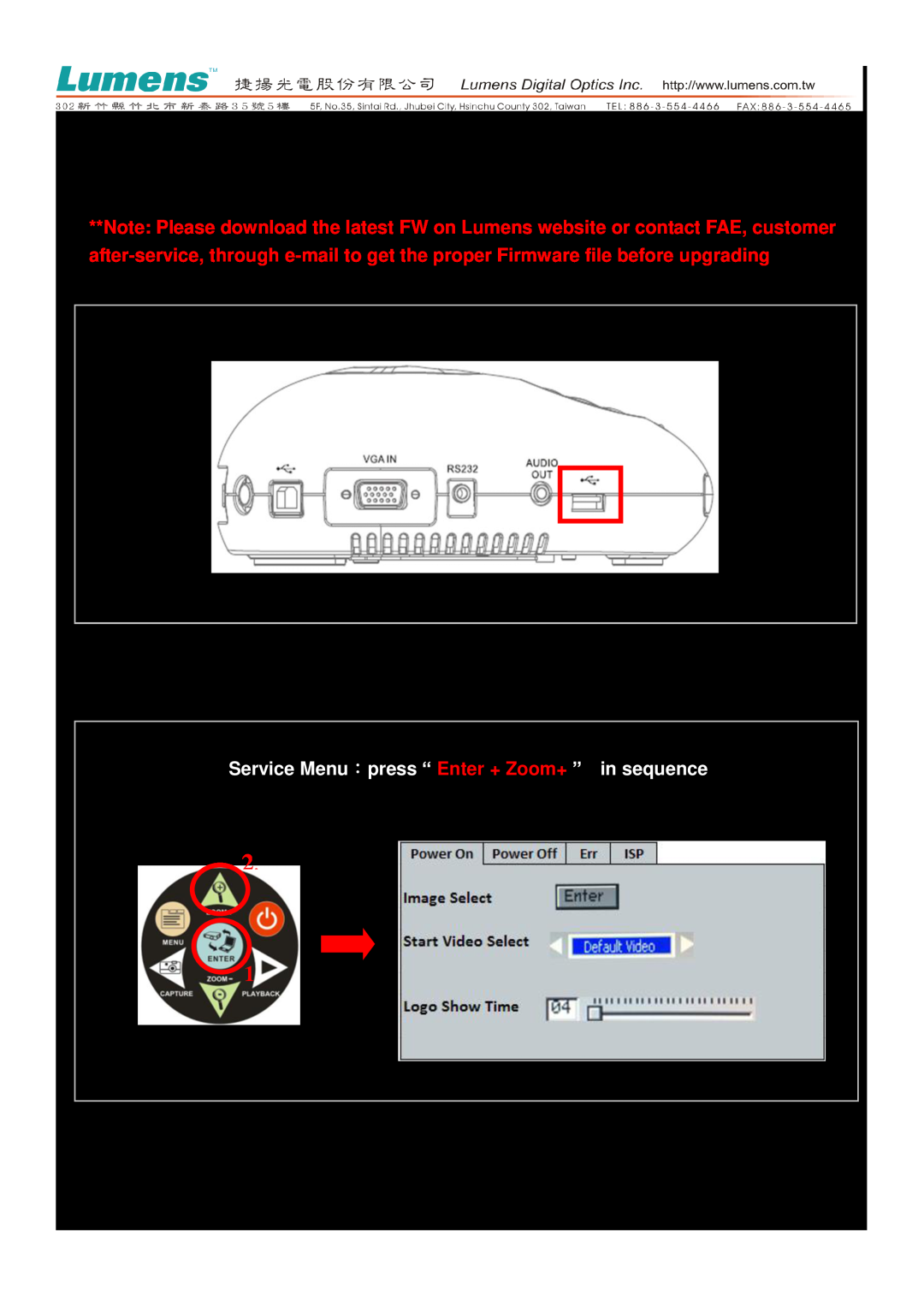 Lumens Technology manual DC190 Firmware Upgrade Instruction, Service Menu ：press “ Enter + Zoom+ ” in sequence 