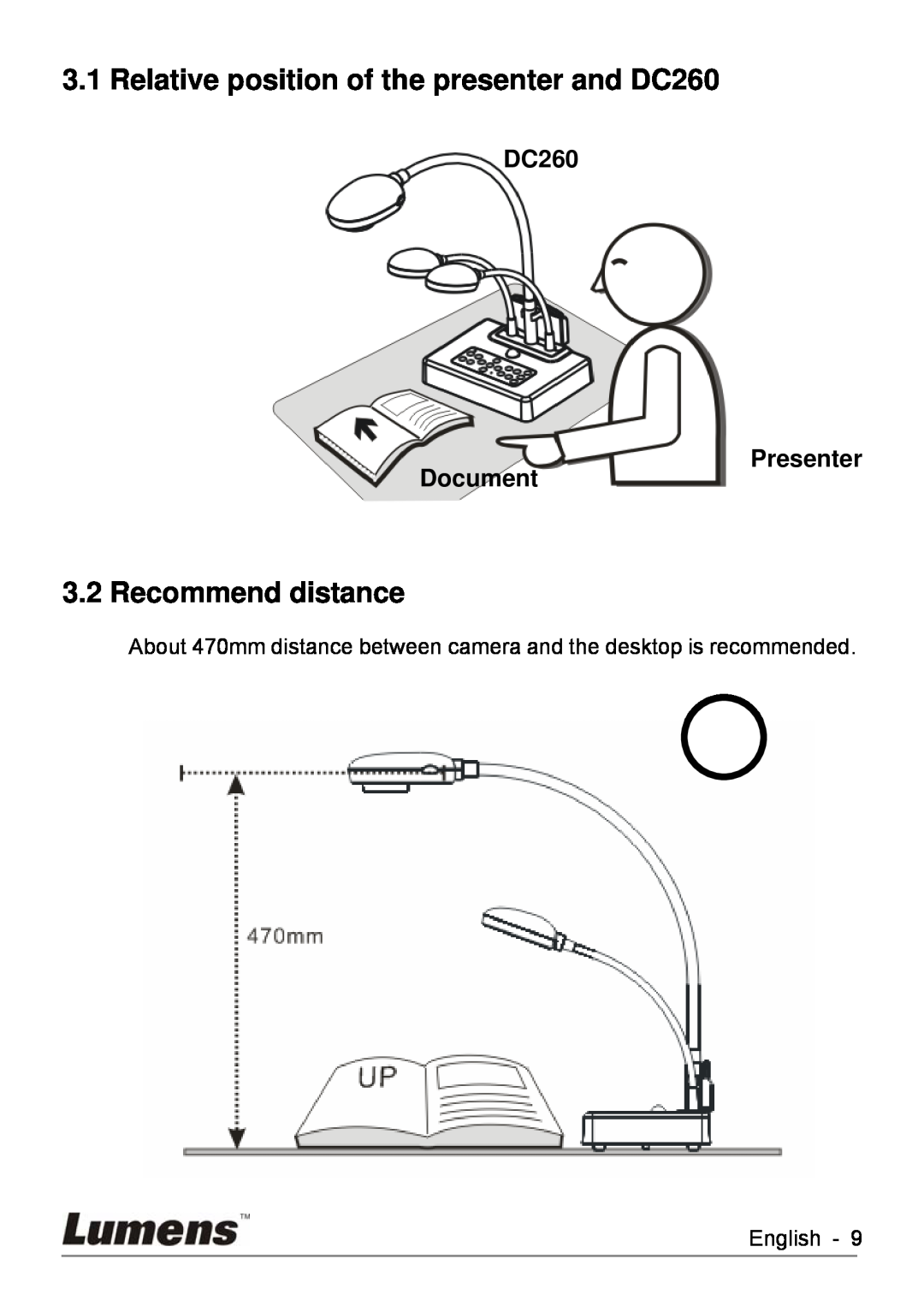 Lumens Technology user manual Relative position of the presenter and DC260, Recommend distance, Document, Presenter 
