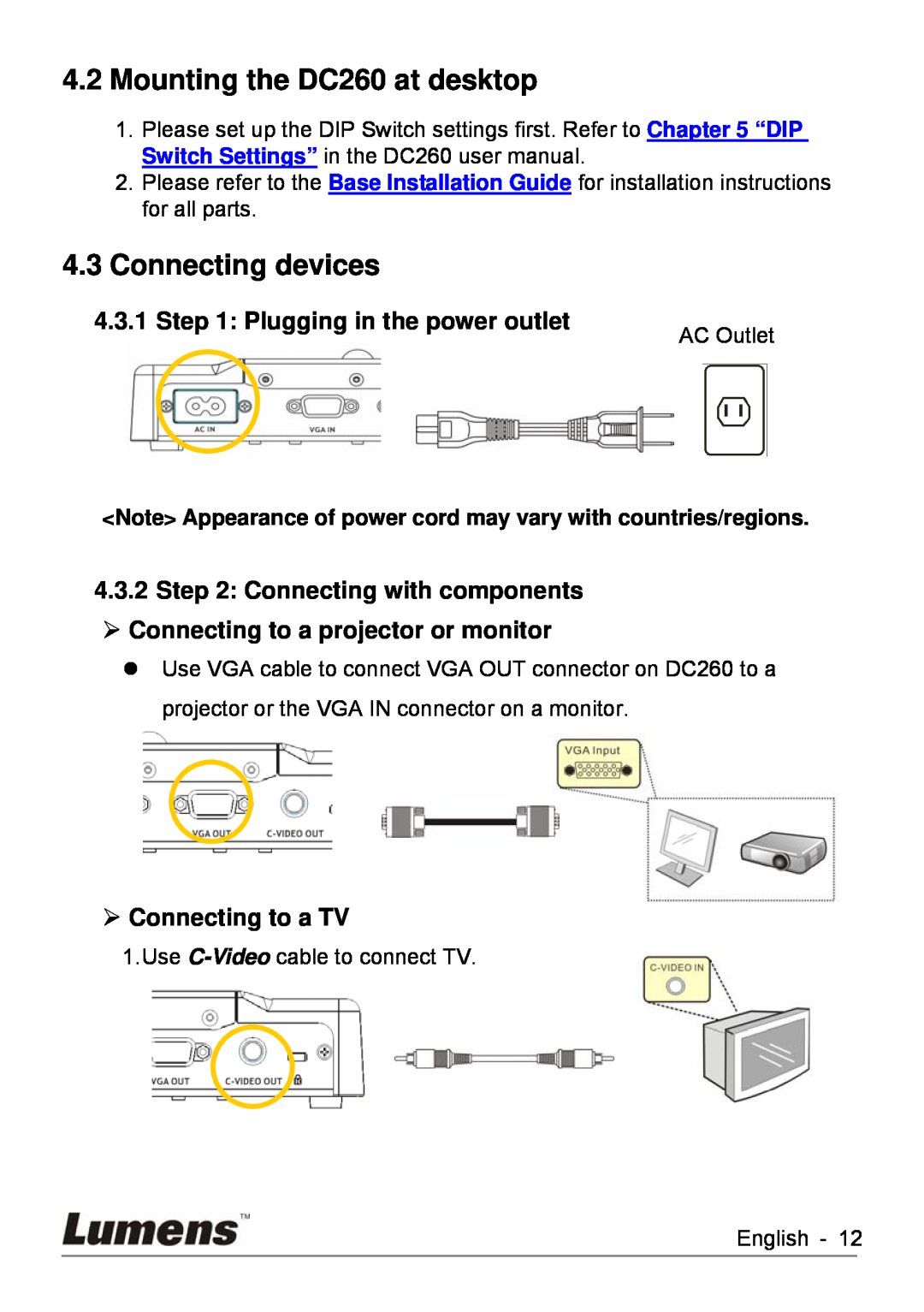 Lumens Technology Mounting the DC260 at desktop, Connecting devices, Plugging in the power outlet, ¾ Connecting to a TV 