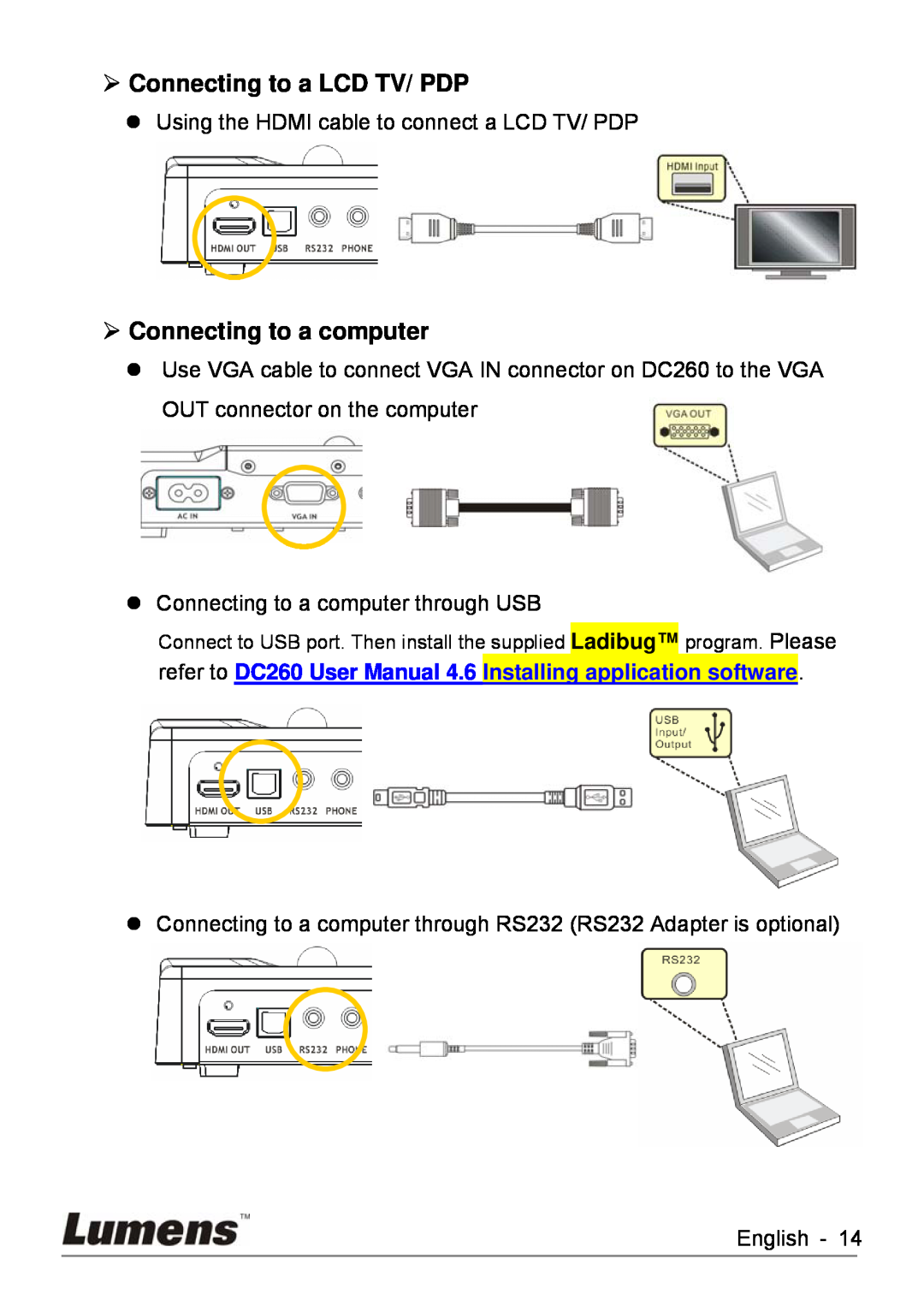 Lumens Technology DC260 user manual ¾ Connecting to a LCD TV/ PDP, ¾ Connecting to a computer 