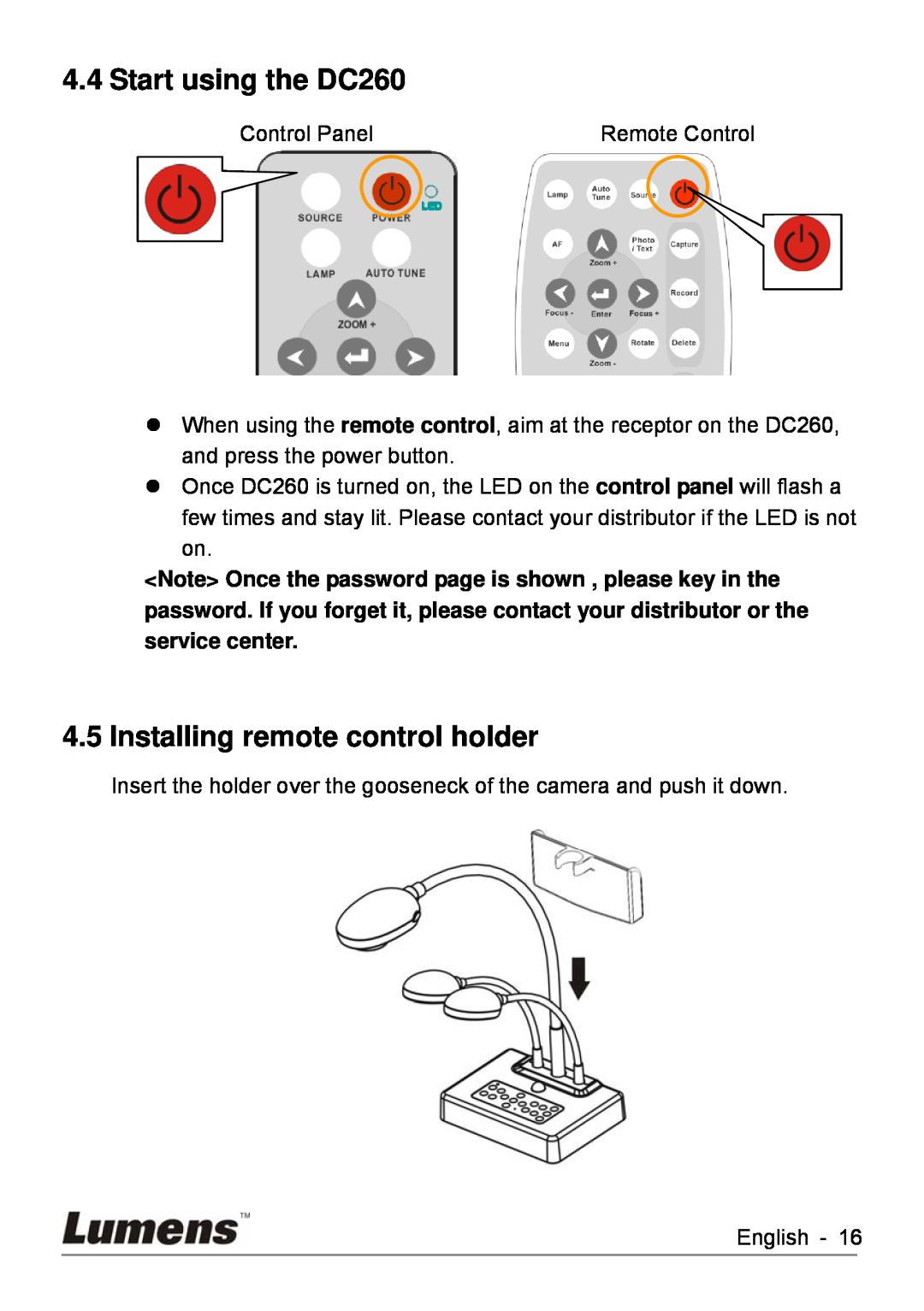 Lumens Technology user manual Start using the DC260, Installing remote control holder 