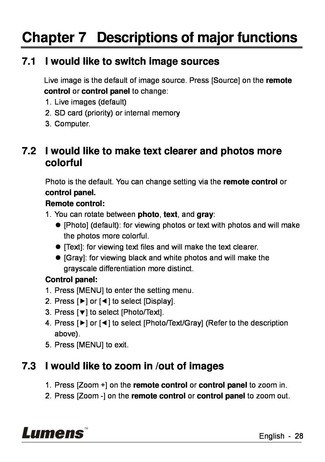 Lumens Technology DC260 user manual Descriptions of major functions, I would like to switch image sources, Remote control 