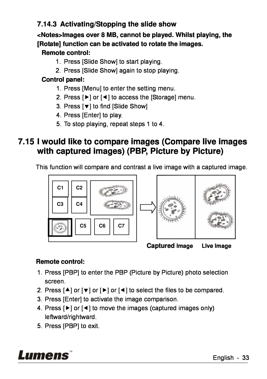 Lumens Technology DC260 Activating/Stopping the slide show, Remote control, Control panel, Captured Image Live Image 