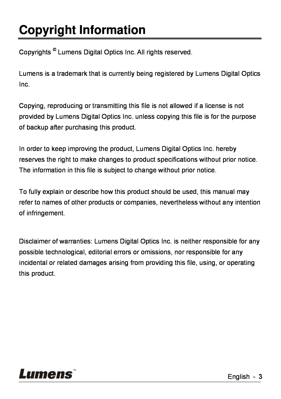 Lumens Technology DC260 user manual Copyright Information 