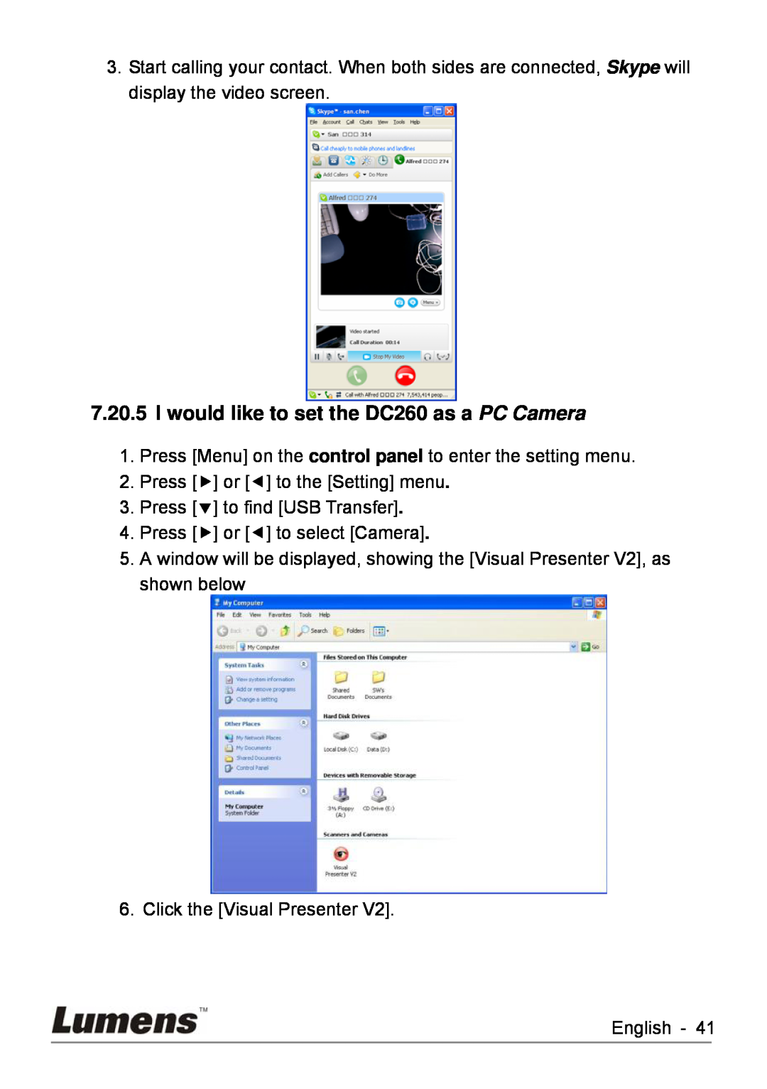Lumens Technology user manual I would like to set the DC260 as a PC Camera 