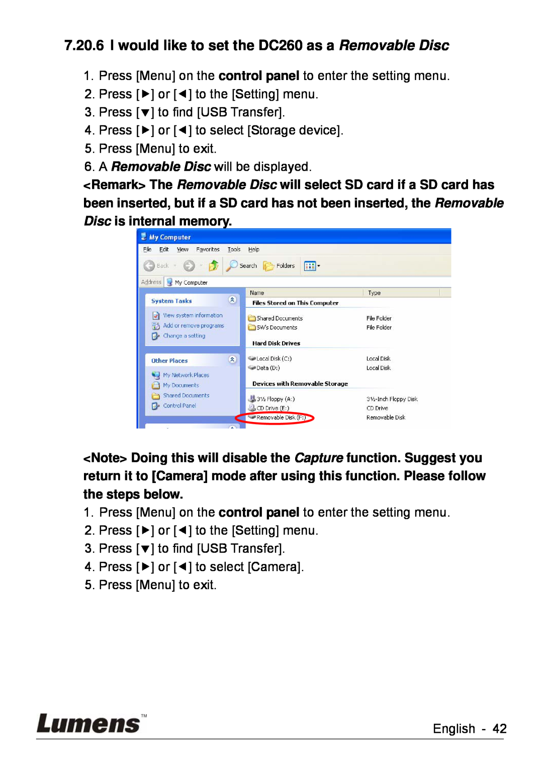 Lumens Technology user manual I would like to set the DC260 as a Removable Disc 