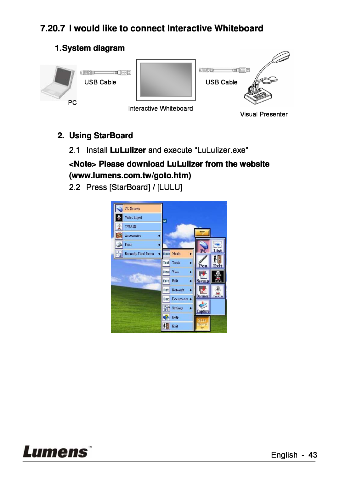Lumens Technology DC260 user manual I would like to connect Interactive Whiteboard, System diagram, Using StarBoard 