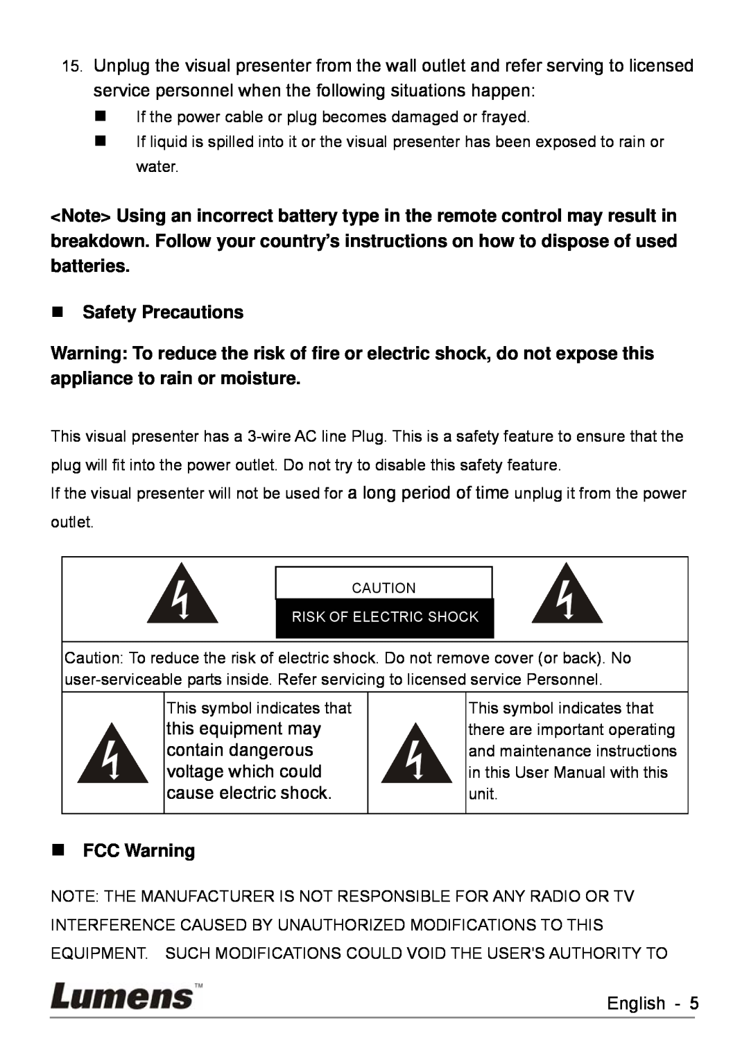 Lumens Technology DC260 user manual „ Safety Precautions, „ FCC Warning 