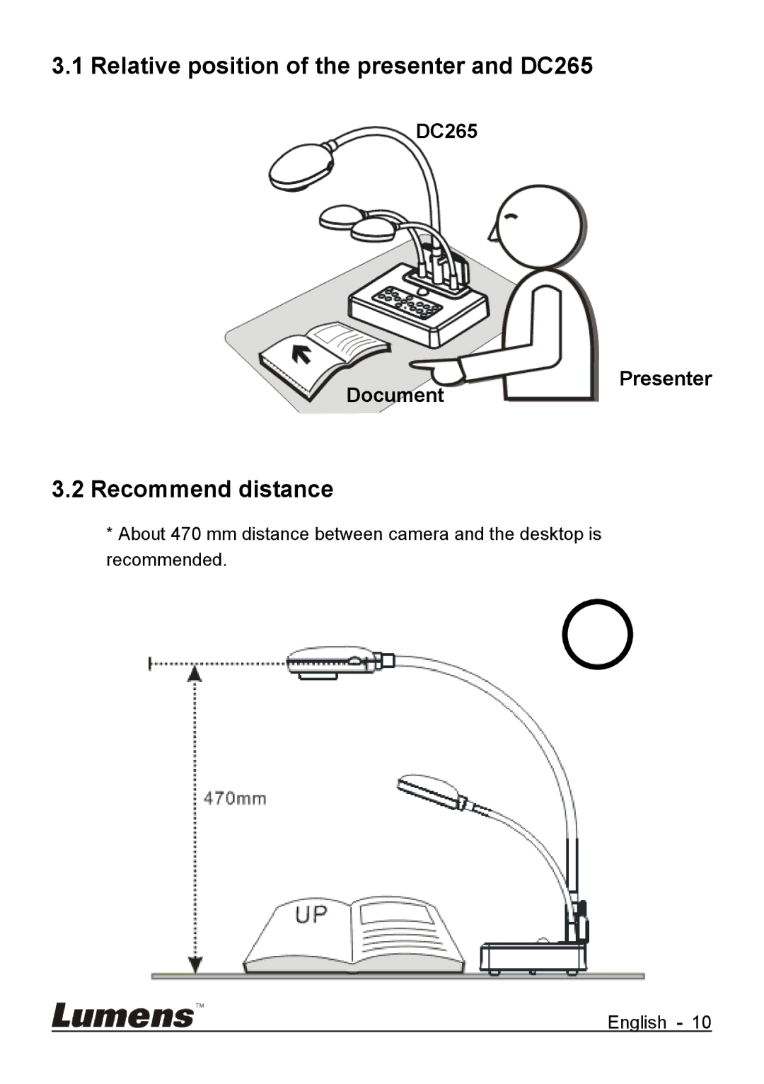 Lumens Technology user manual Relative position of the presenter and DC265, Recommend distance, DC265 Document Presenter 