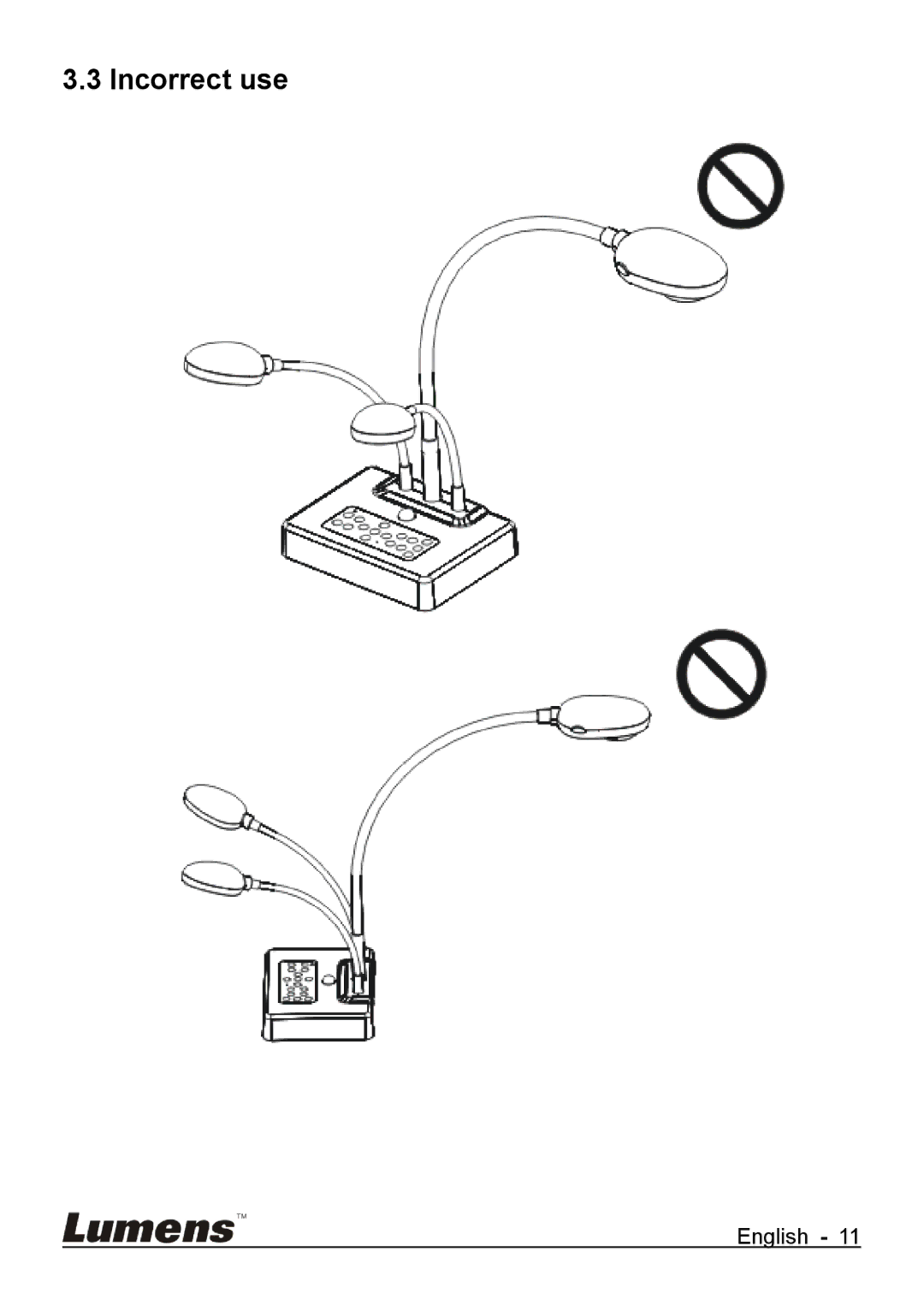 Lumens Technology DC265 user manual Incorrect use 