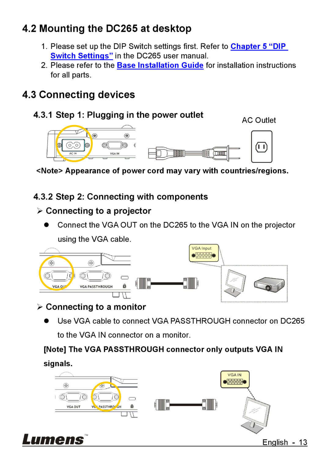 Lumens Technology user manual Mounting the DC265 at desktop, Connecting devices, Plugging in the power outlet 