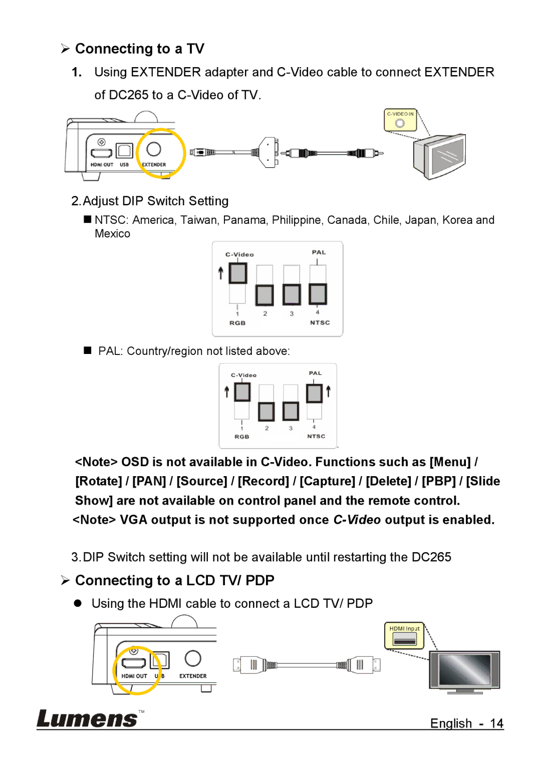 Lumens Technology DC265 user manual  Connecting to a TV,  Connecting to a LCD TV/ PDP 