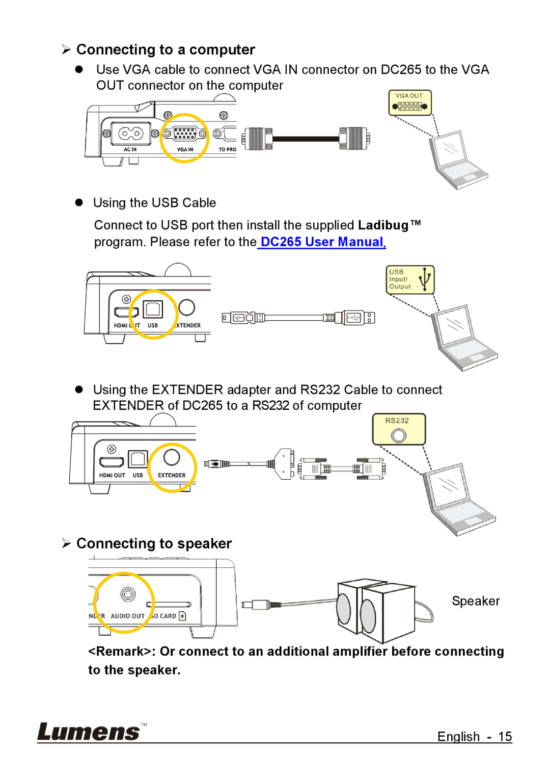 Lumens Technology DC265 user manual  Connecting to a computer,  Connecting to speaker 