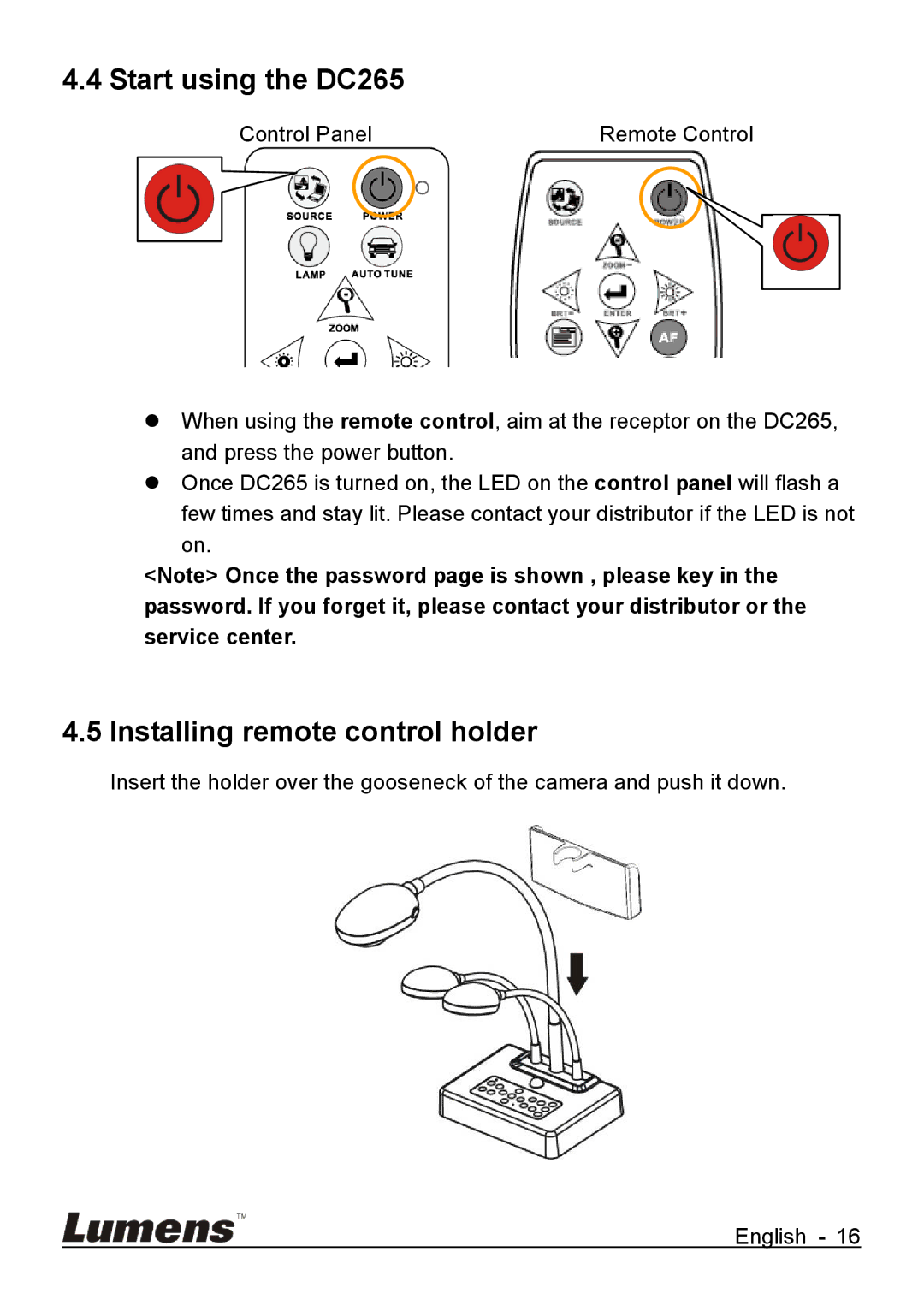 Lumens Technology user manual Start using the DC265, Installing remote control holder 