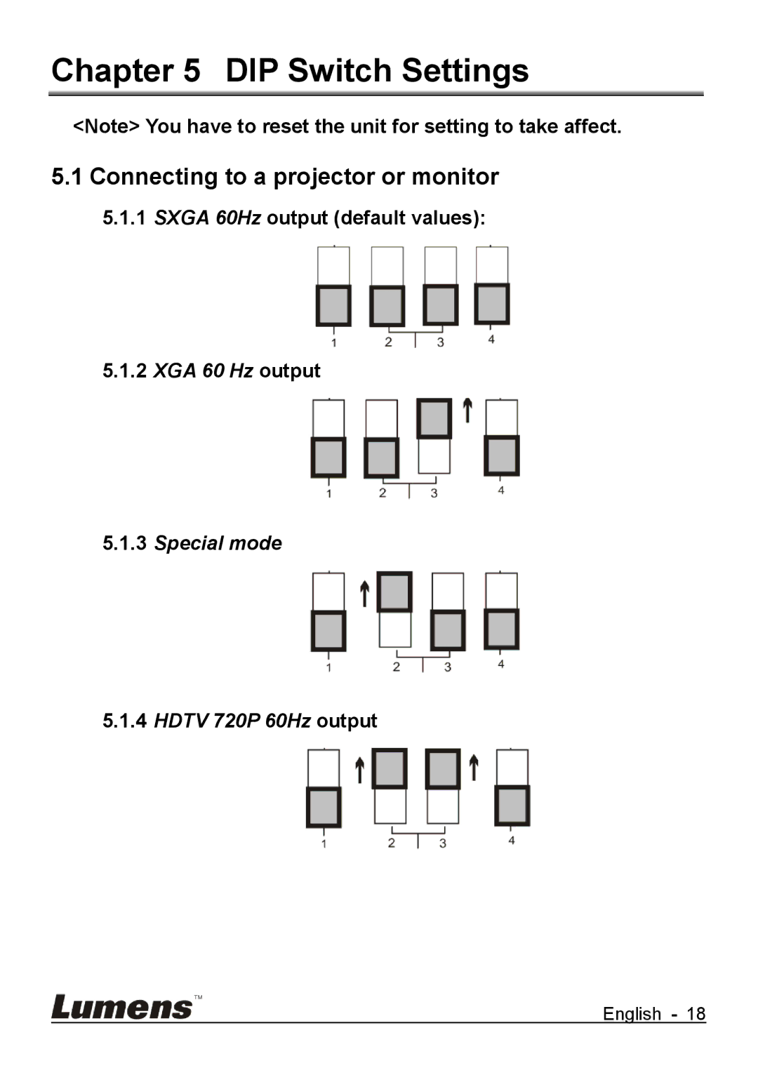 Lumens Technology DC265 DIP Switch Settings, Connecting to a projector or monitor, Sxga 60Hz output default values 