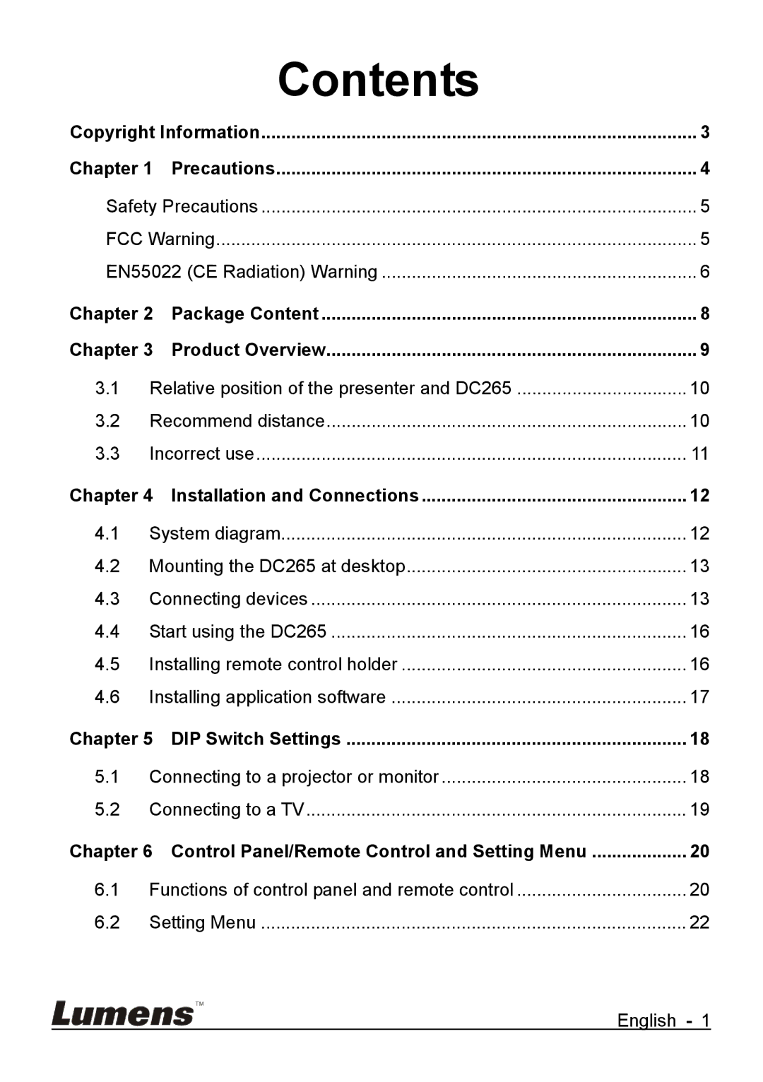 Lumens Technology DC265 user manual Contents 