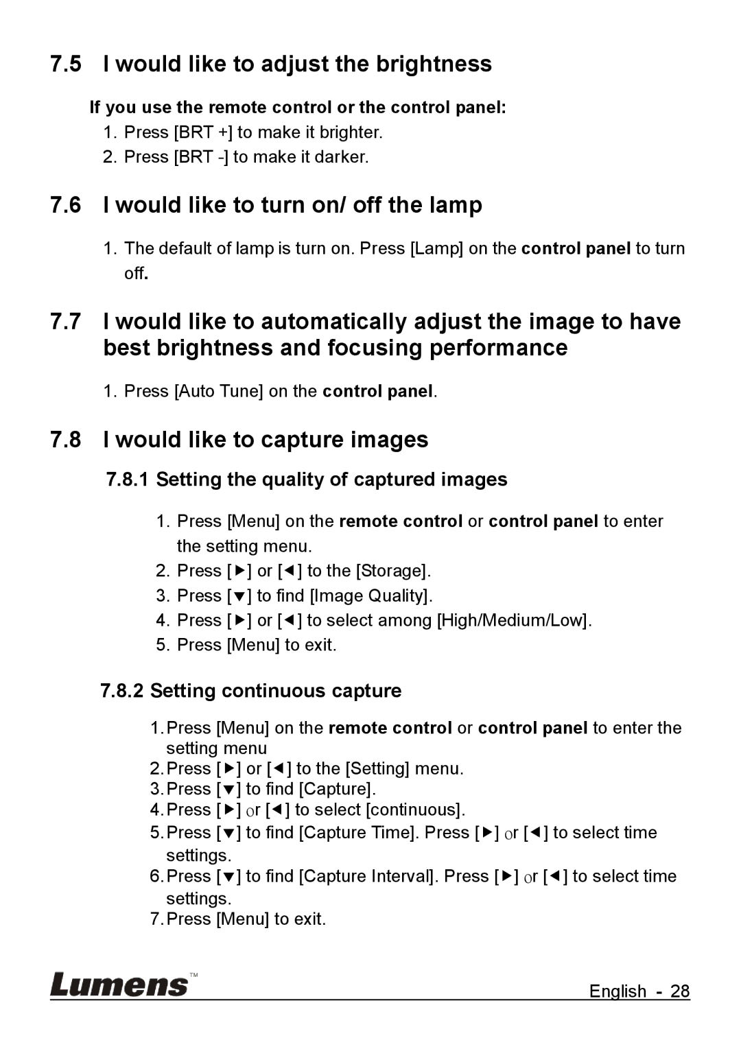 Lumens Technology DC265 user manual Would like to adjust the brightness, Would like to turn on/ off the lamp 