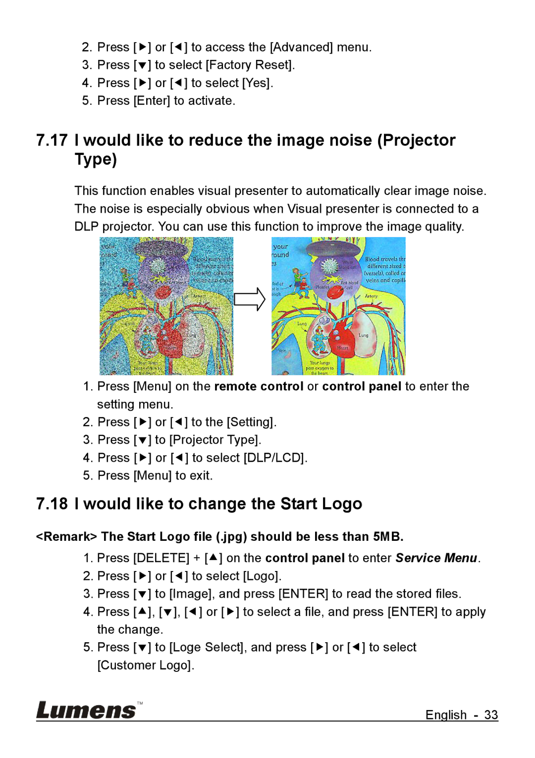 Lumens Technology DC265 Would like to reduce the image noise Projector Type, Would like to change the Start Logo 