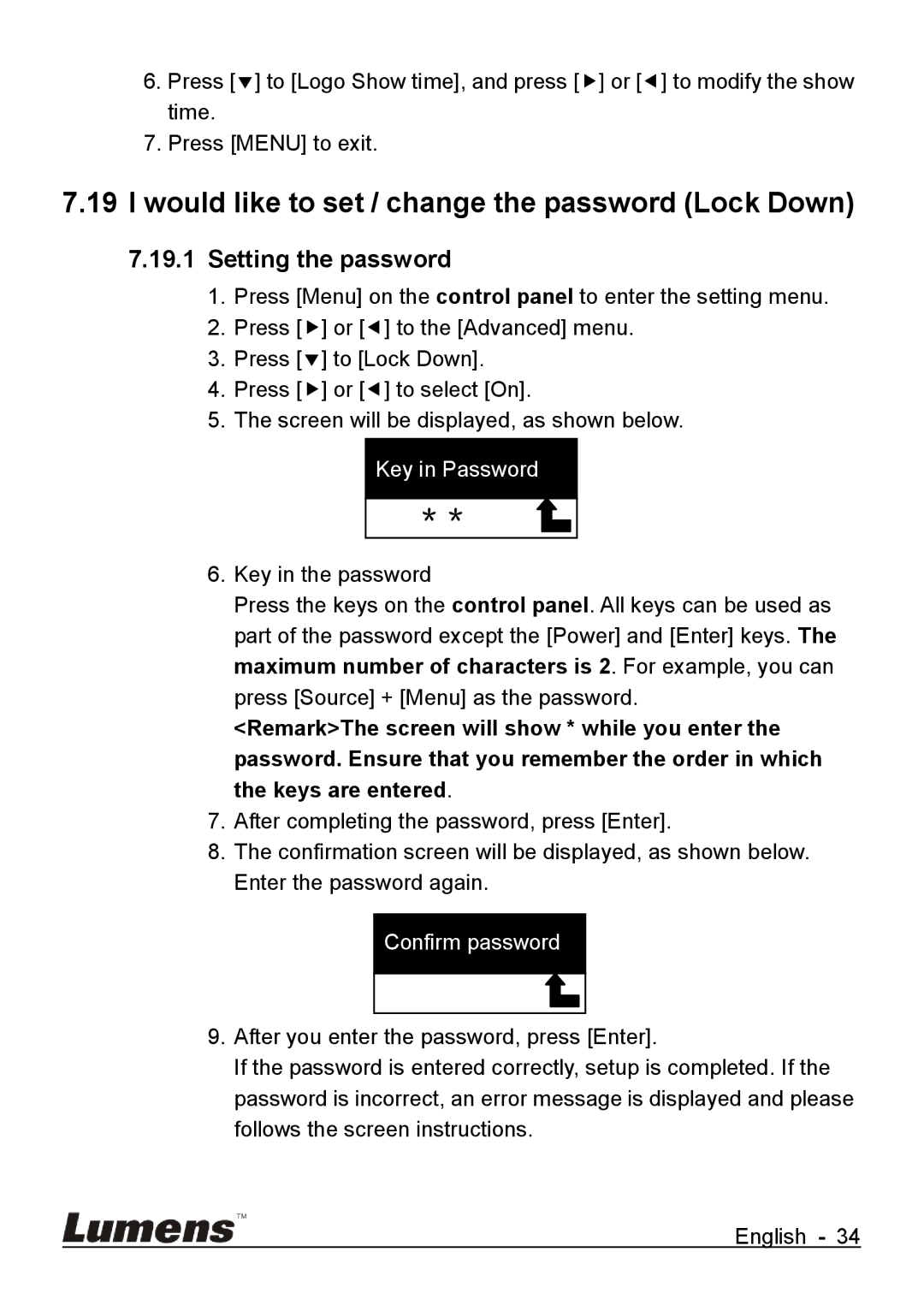 Lumens Technology DC265 user manual Would like to set / change the password Lock Down, Setting the password 