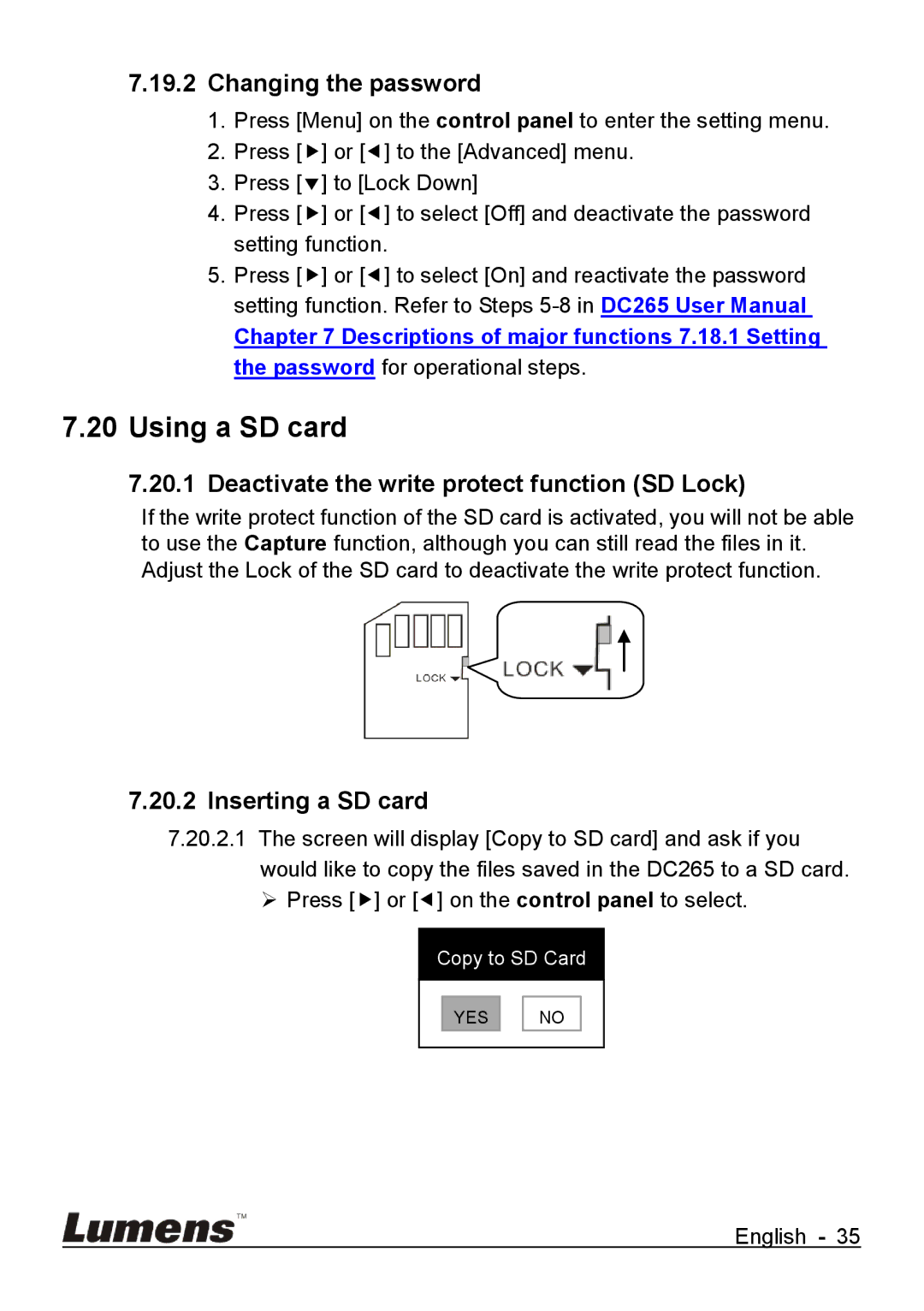 Lumens Technology DC265 user manual Using a SD card, Changing the password, Deactivate the write protect function SD Lock 