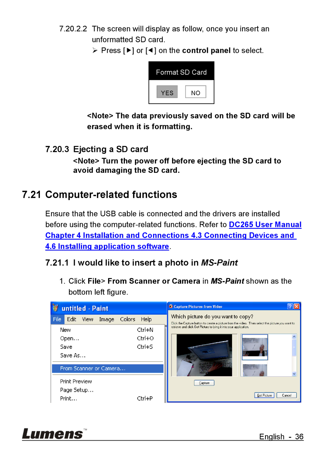 Lumens Technology DC265 Computer-related functions, Ejecting a SD card, Would like to insert a photo in MS-Paint 