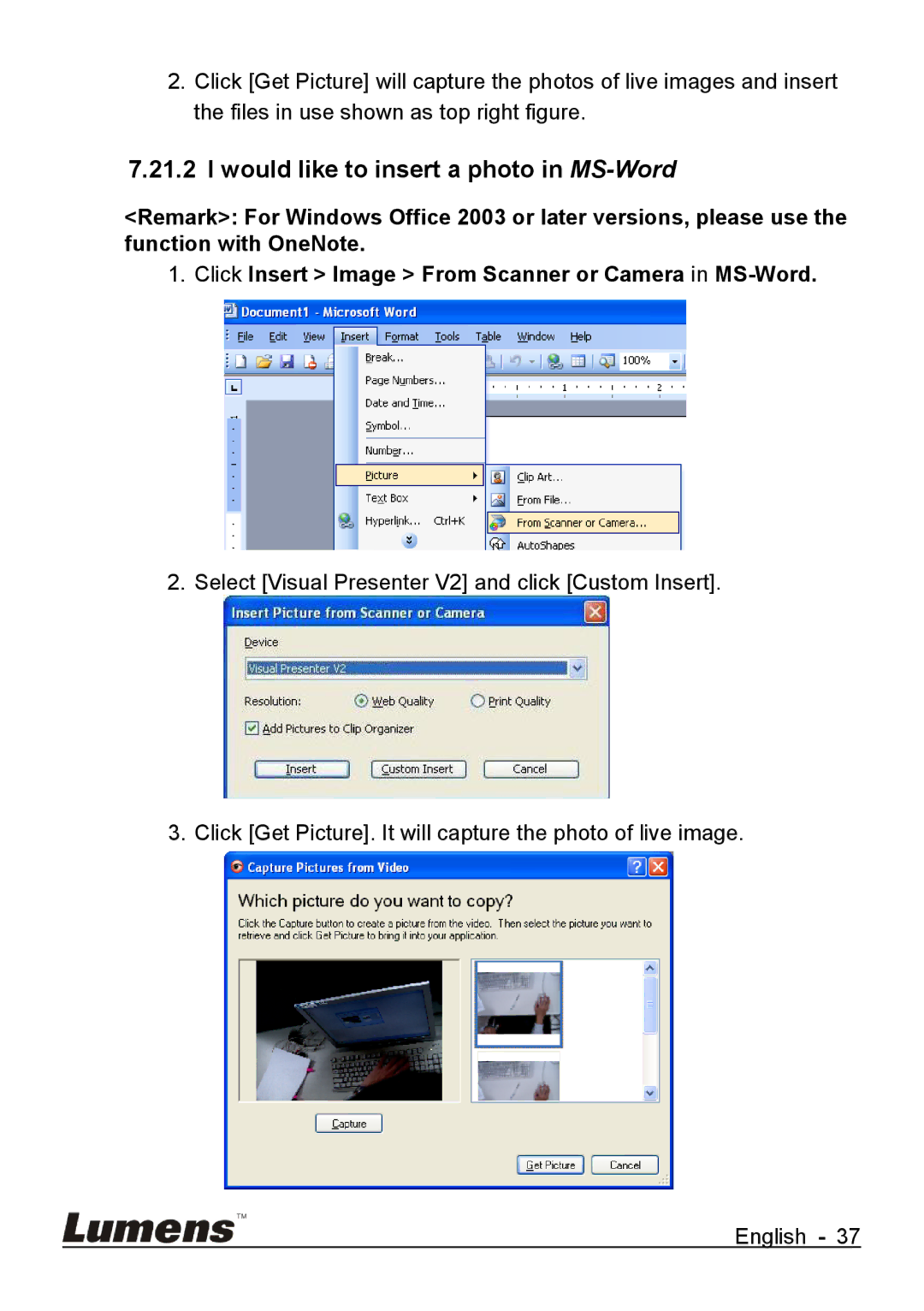 Lumens Technology DC265 user manual Would like to insert a photo in MS-Word 