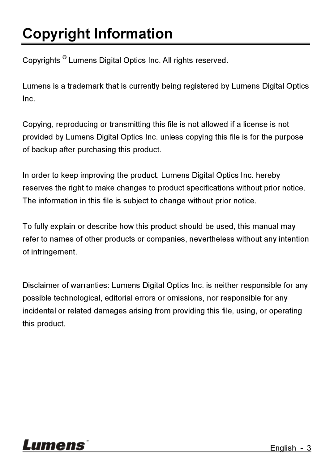 Lumens Technology DC265 user manual Copyright Information 