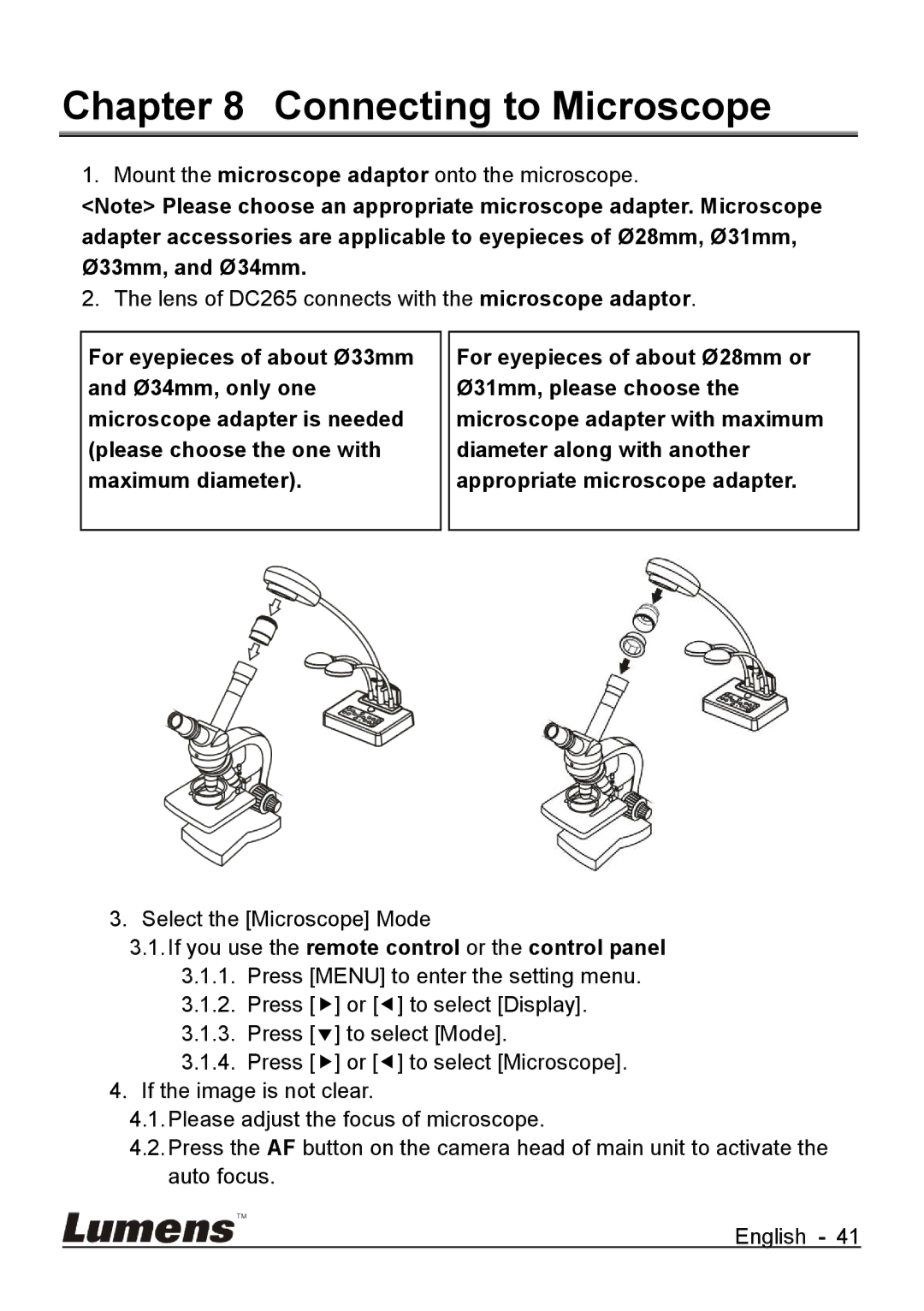 Lumens Technology DC265 user manual Connecting to Microscope, If you use the remote control or the control panel 