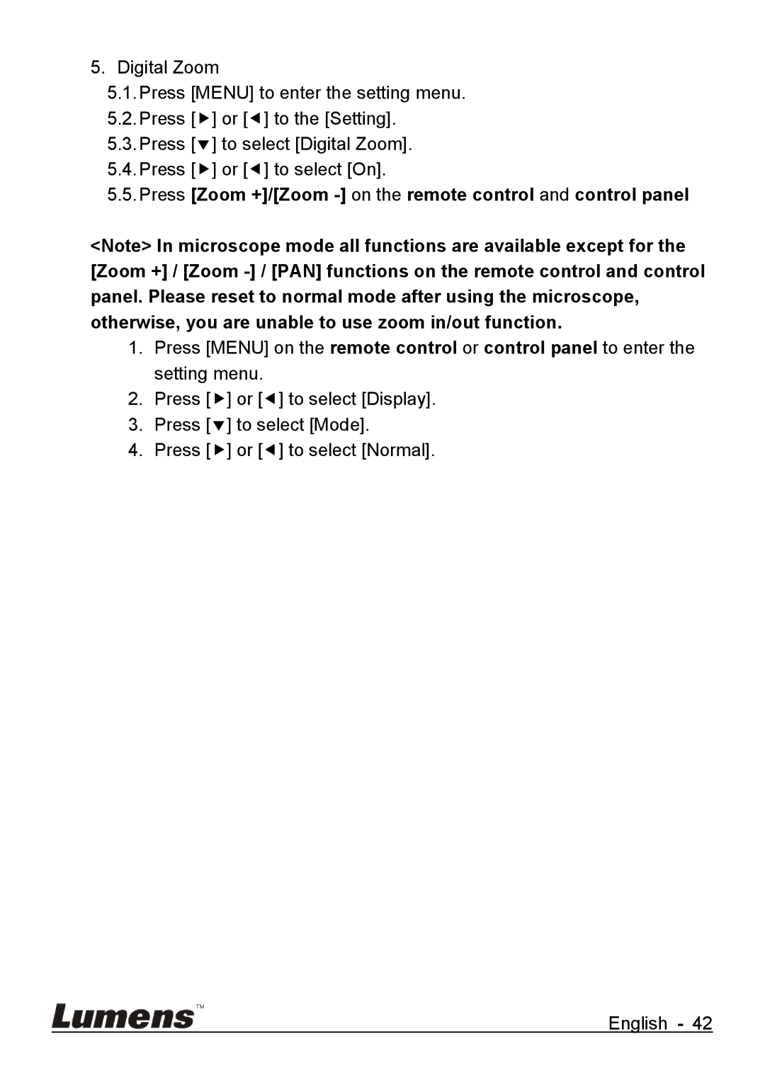 Lumens Technology DC265 user manual Press Zoom +/Zoom on the remote control and control panel 