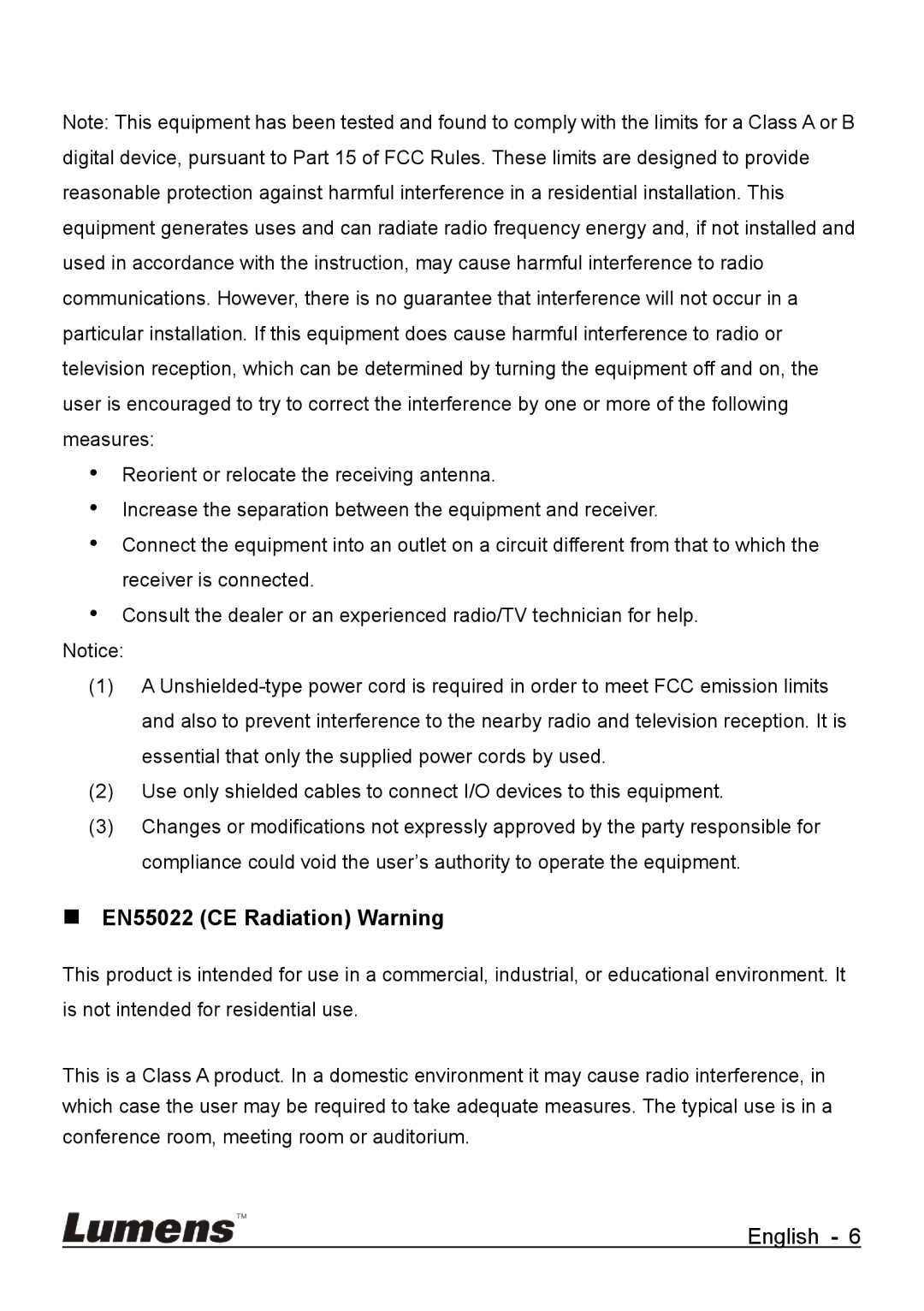 Lumens Technology DC265 user manual  EN55022 CE Radiation Warning 