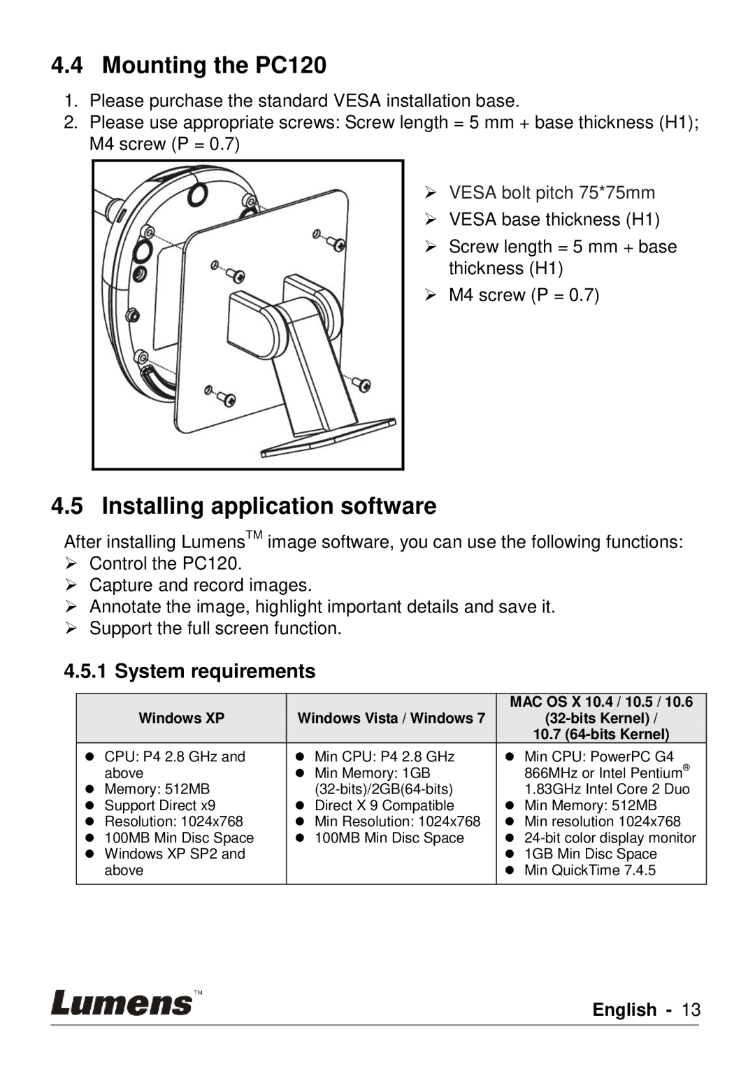 Lumens Technology user manual Mounting the PC120, Installing application software, System requirements 