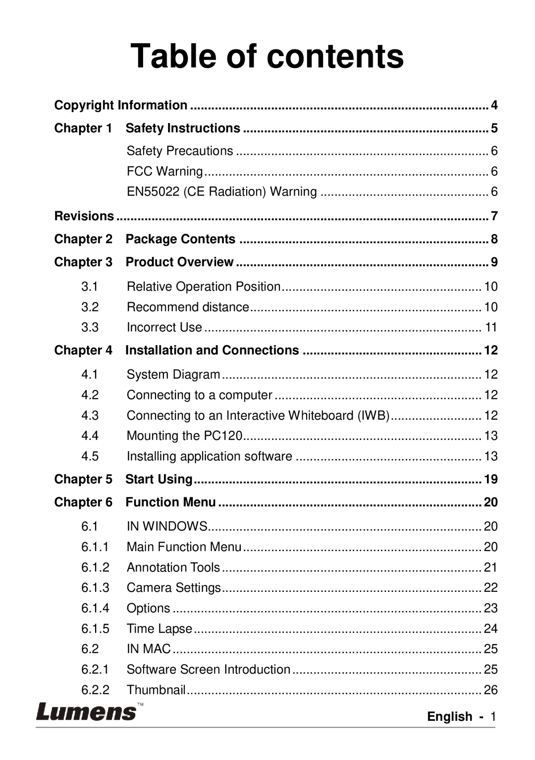 Lumens Technology PC120 user manual Table of contents 