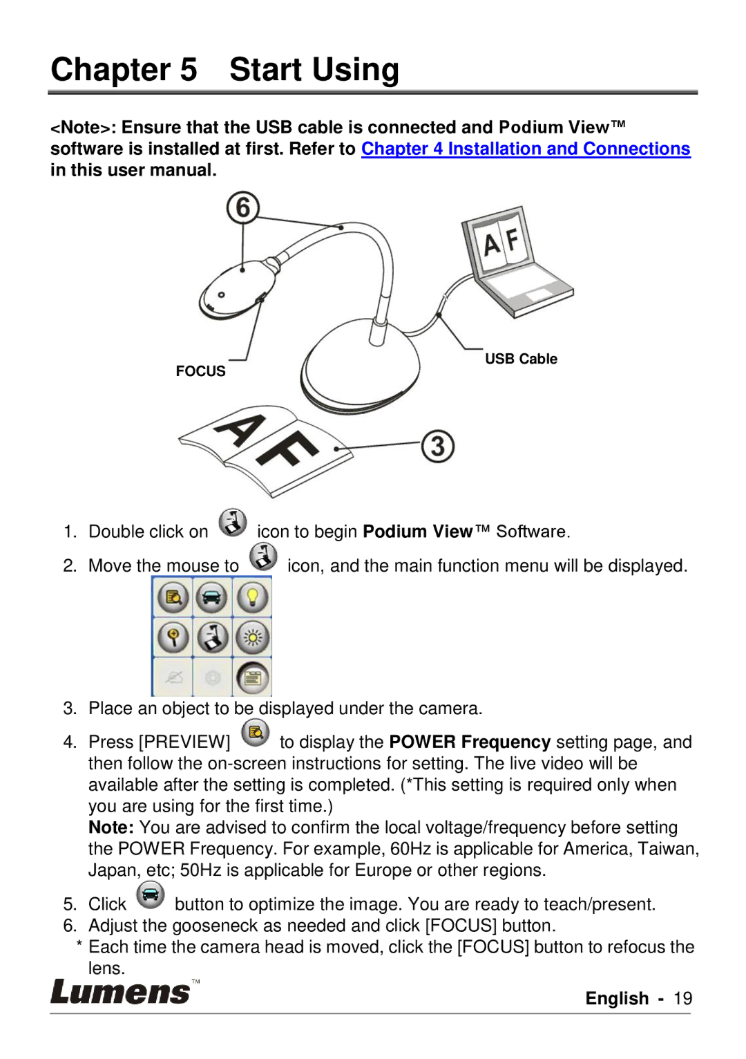 Lumens Technology PC120 user manual Start Using 