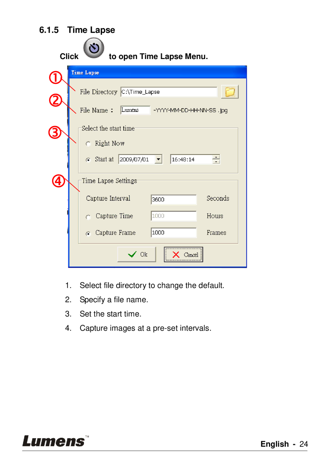 Lumens Technology PC120 user manual Click to open Time Lapse Menu 