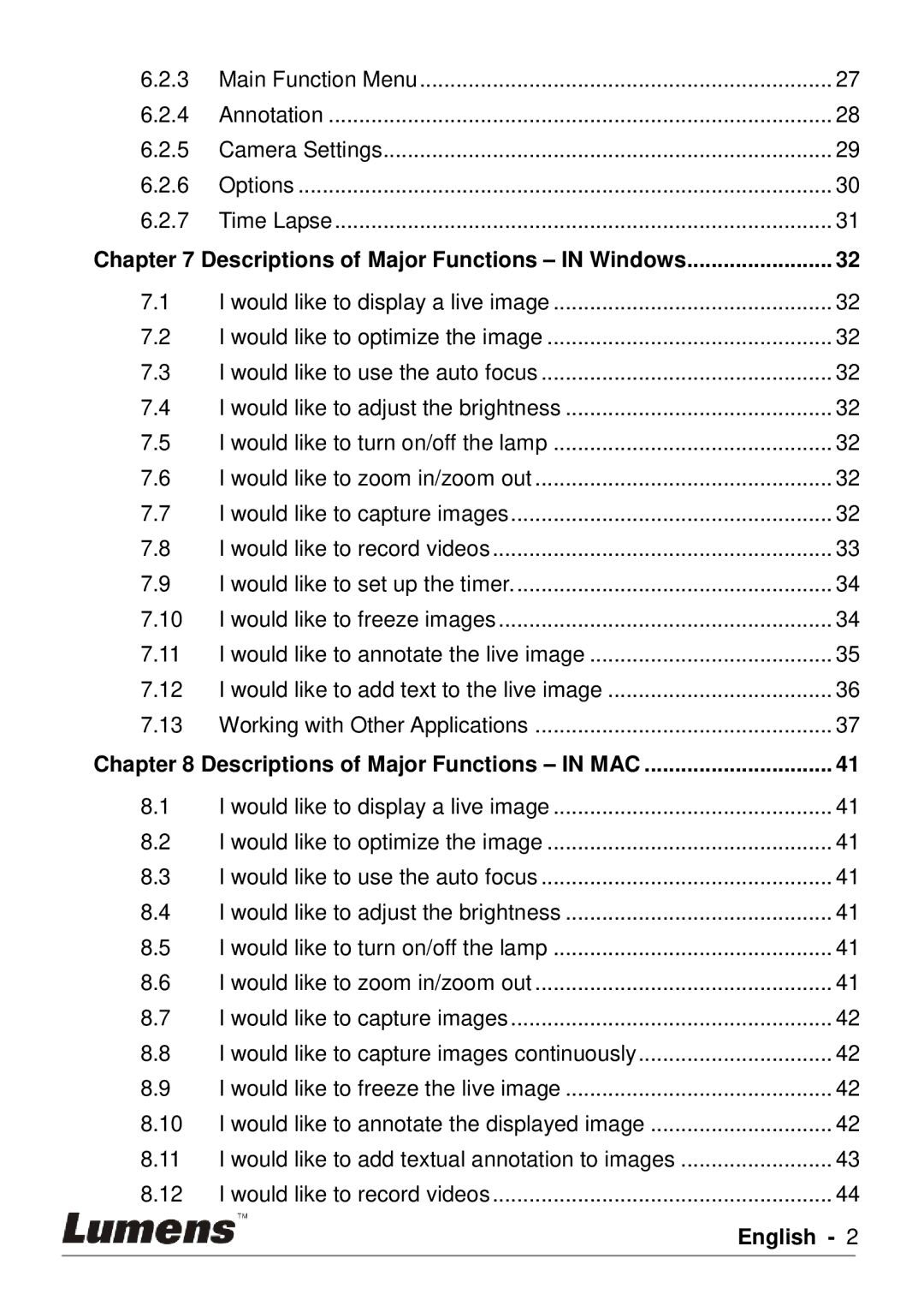 Lumens Technology PC120 user manual Descriptions of Major Functions in Windows 