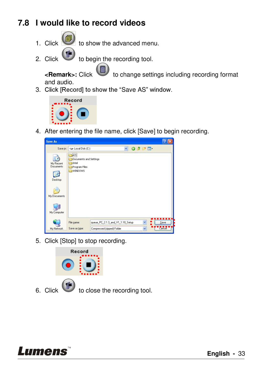 Lumens Technology PC120 user manual Would like to record videos 