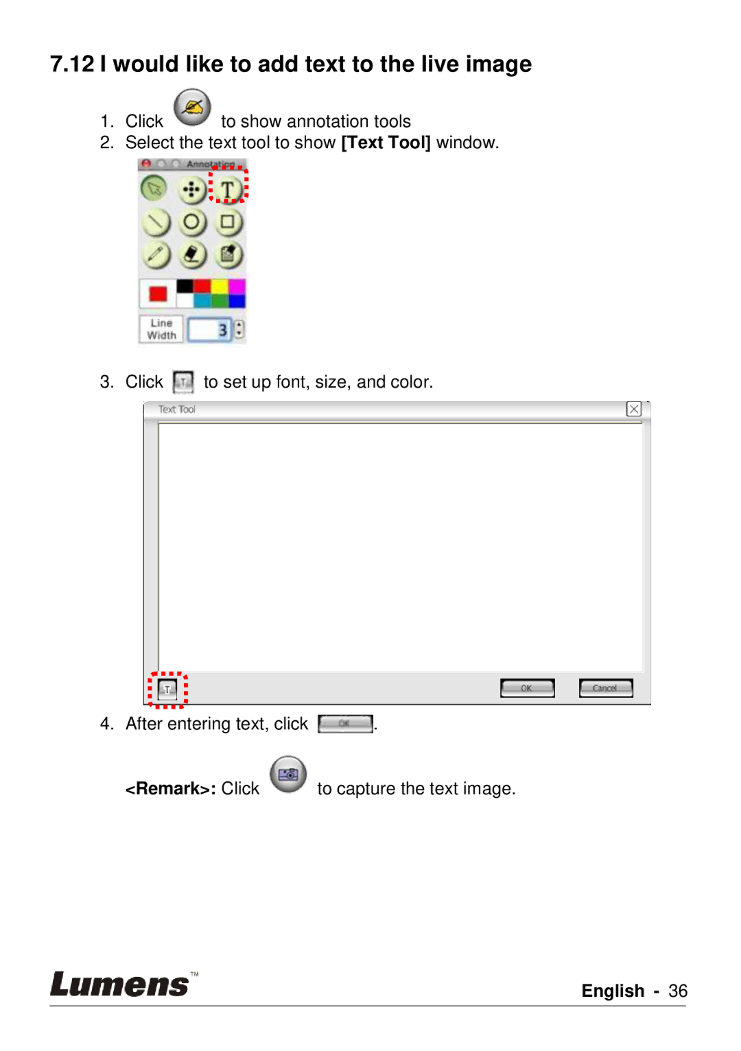 Lumens Technology PC120 user manual Would like to add text to the live image 