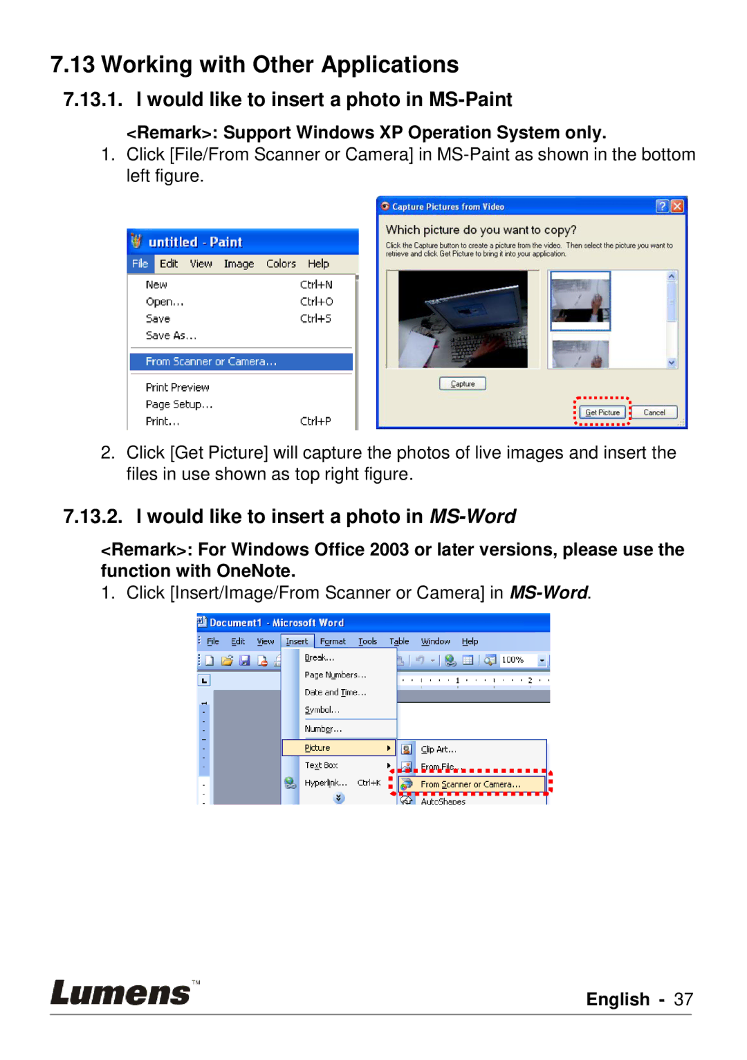 Lumens Technology PC120 user manual Working with Other Applications, Would like to insert a photo in MS-Paint 